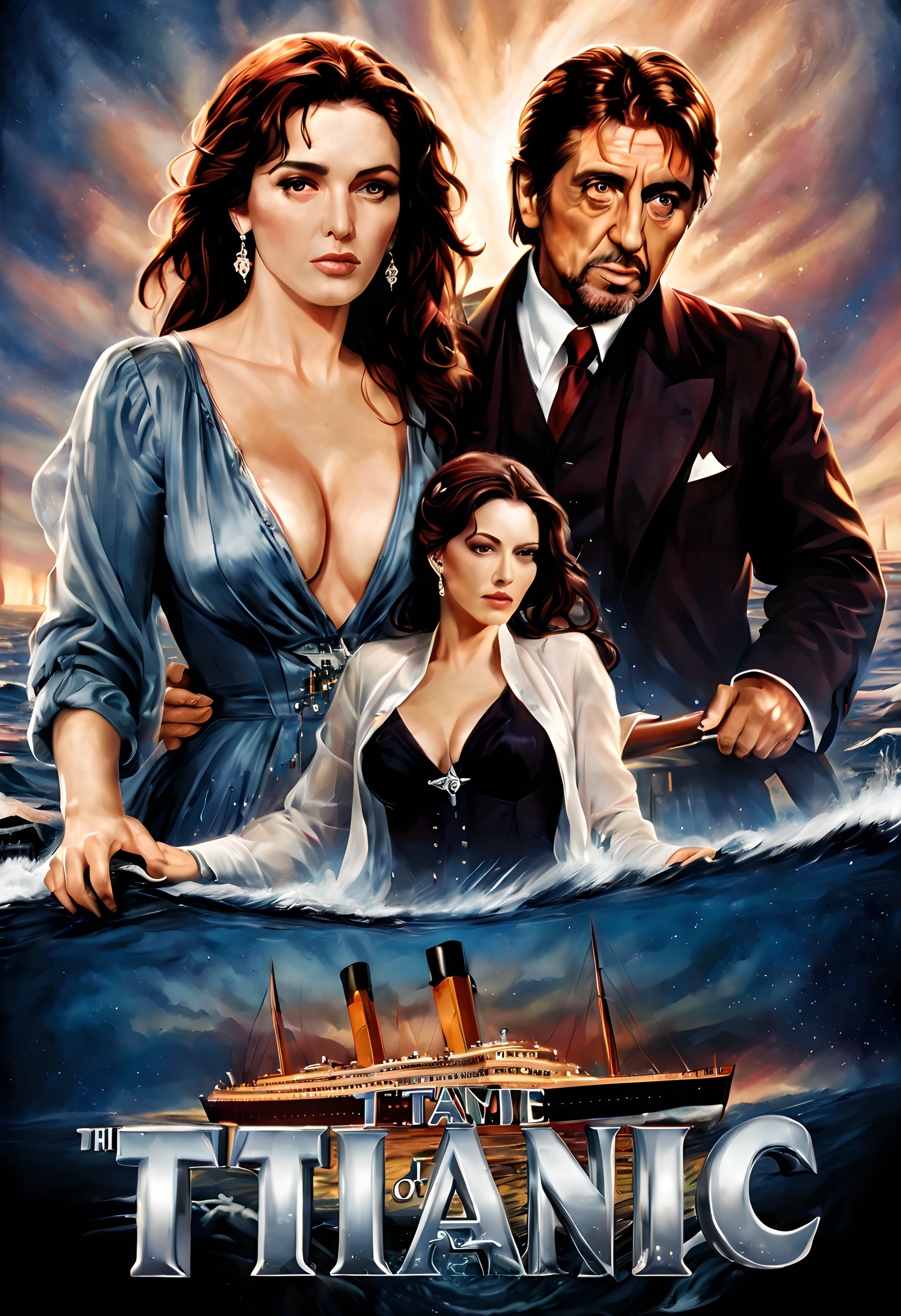(The movie poster of Titanic:1.5), (movie poster style illustration:1.5), (movie title:1.5), (logo:1.5), (sproncer's logo:1.5), (texe:1.5), ((text:2)), (title:1.5), (Movie of Al Pacino and Monica Bellucci:1.5), (starring Al Pacino and Monica Bellucci:1.5),