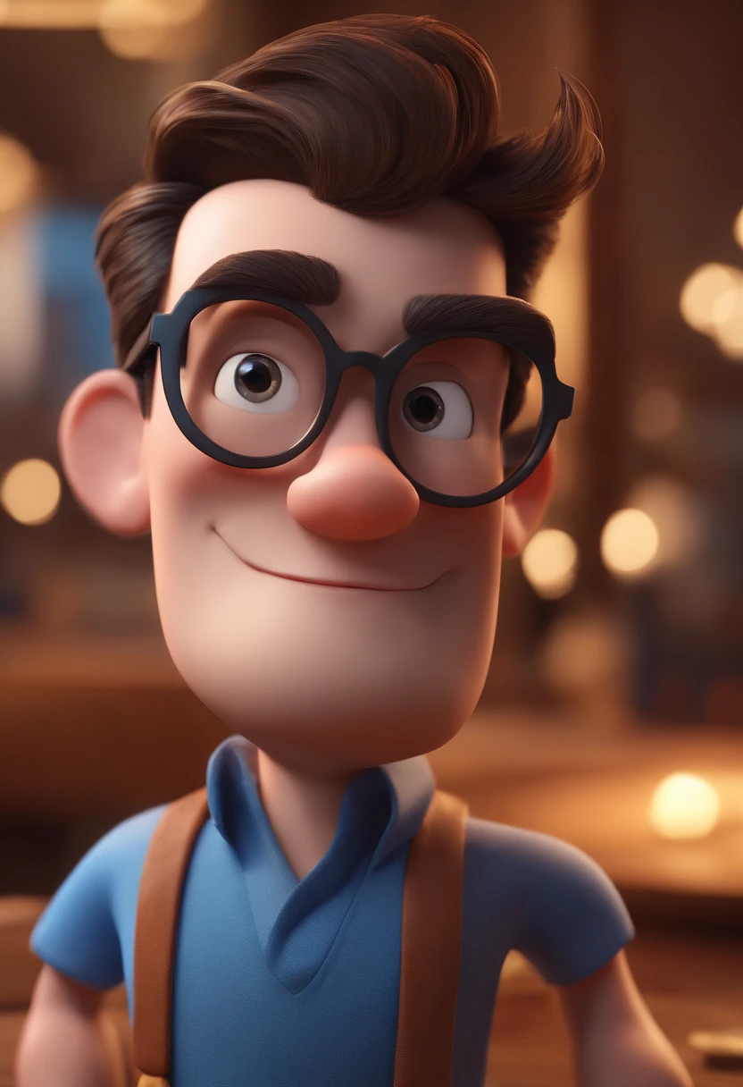 Cartoon character of a man with black glasses and a blue shirt, animation character, Caractere estilizado, animation style rendering, 3D estilizado, Arnold Maya render, 3 d render stylized, toon render keyshot, Personagem 3D, Personagem 3D, 3d rendering stylized, 3 d character render, personagem de desenho animado, Personagem de close up, Pose de personagem, (Estilo Pixar) (master part:1.2) (Bokeh) (best quality) (pele detalhada) (textura detalhada) (8k) (argila) (Cinematic lighting) (foco nítido