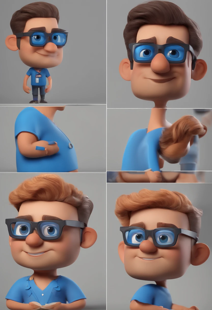 Cartoon character of a man with black glasses and a blue shirt, animation character, Caractere estilizado, animation style rendering, 3D estilizado, Arnold Maya render, 3 d render stylized, toon render keyshot, Personagem 3D, Personagem 3D, 3d rendering stylized, 3 d character render, personagem de desenho animado, Personagem de close up, Pose de personagem, (Estilo Pixar) (master part:1.2) (Bokeh) (best quality) (pele detalhada) (textura detalhada) (8k) (argila) (Cinematic lighting) (foco nítido