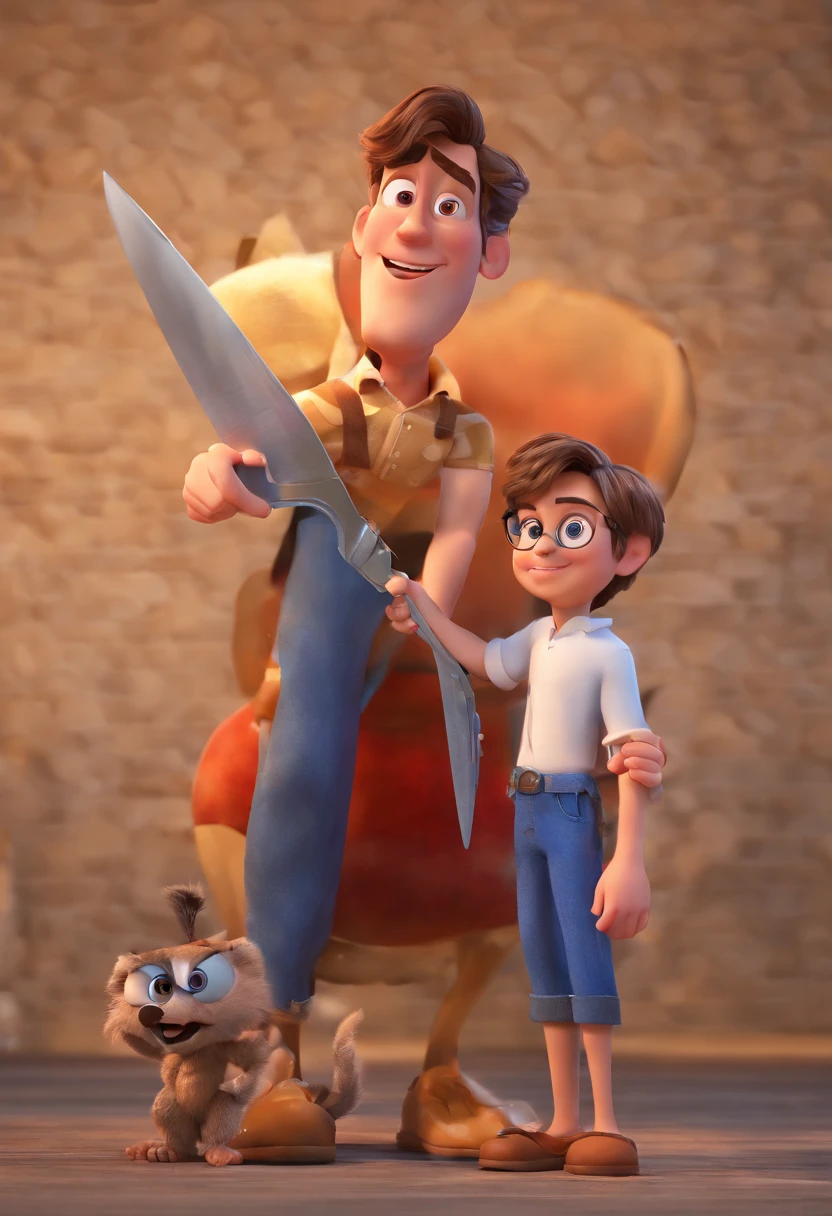 Estilo Pixar: The grown man is holding a naked blue-eyed boy and in his other hand he is holding a pair of scissors and is trying to cut off the boy's testicles,3D Poster,Disney