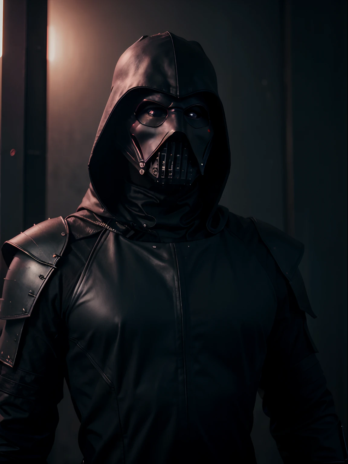 dark sith lord, high tech, synth wave, thorny black armor, 16:9 ratio, wide angle lense, male figure