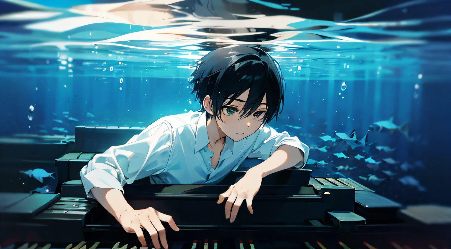 Your Lie In April, a boy with black hair plays the piano underwater, shining bright,