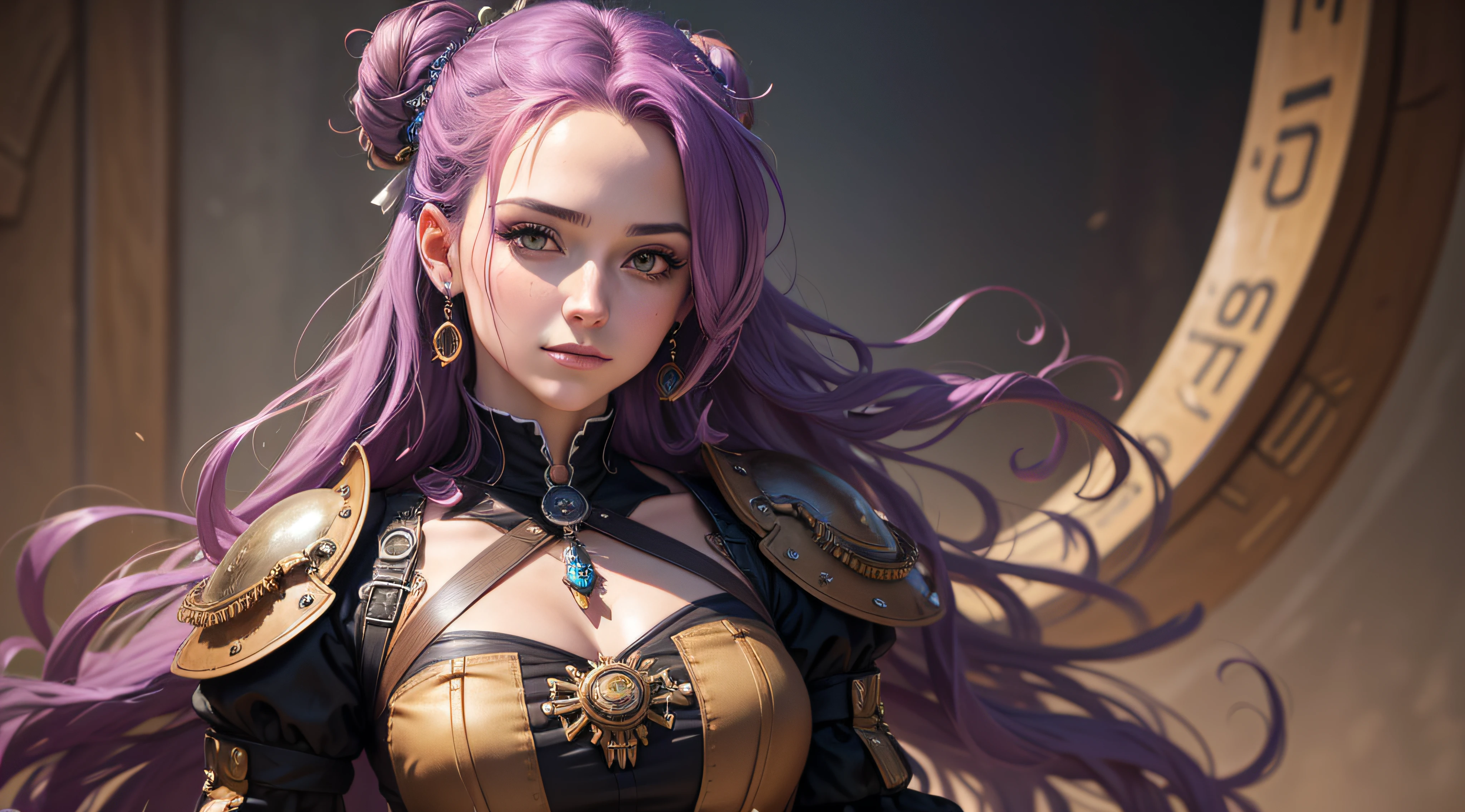 obrigatorio Manter a face e a estrutura corporal e aposicao corporal , Her name is Mocchi and she is a Youtuber, she's an NPC in our world and makes comments on everything, she's got a Steampunk style Mechanical Bulter, espartilho com mais detalhes e cor, iluminado, oil painting style, flores vibrantes e folhas delicadas, Flowing dress, long flowing hair, calm expression, (best quality, Realistic:1.37), messy bun cor de cabelo roxo palido, olhos azuis, a suas maos descansam sobre o seu colo