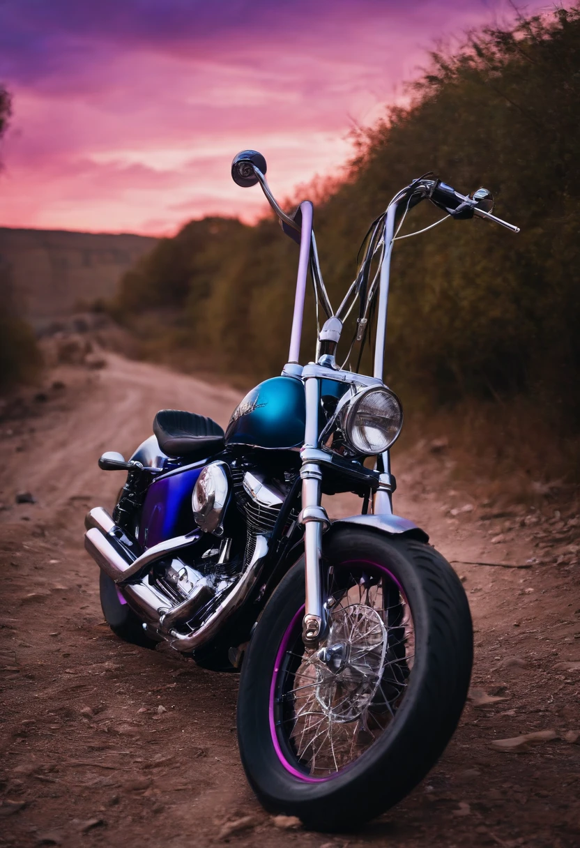 caveira, Motocicleta Bobber, acoustic guitar, SPIRITS, Remains of musical instruments thrown on the ground, equipamentos de som, Sky in blue tone with purple and lilac.