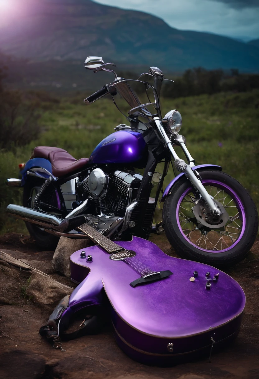 caveira, Motocicleta Bobber, acoustic guitar, SPIRITS, Remains of musical instruments thrown on the ground, equipamentos de som, Sky in blue tone with purple and lilac.