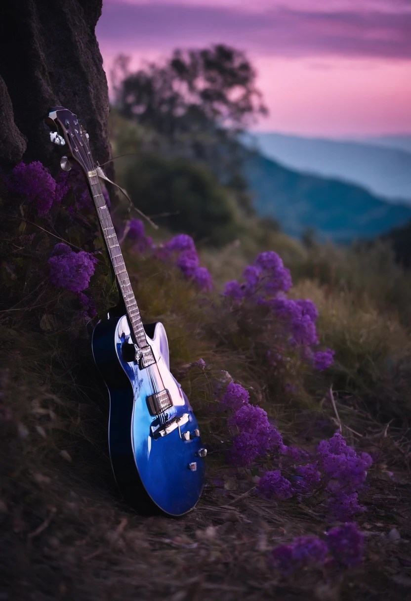 caveira, Motocicleta Bobber, acoustic guitar, SPIRITS, Remains of musical instruments thrown on the ground, equipamentos de som, Sky in blue tone with purple and lilac.