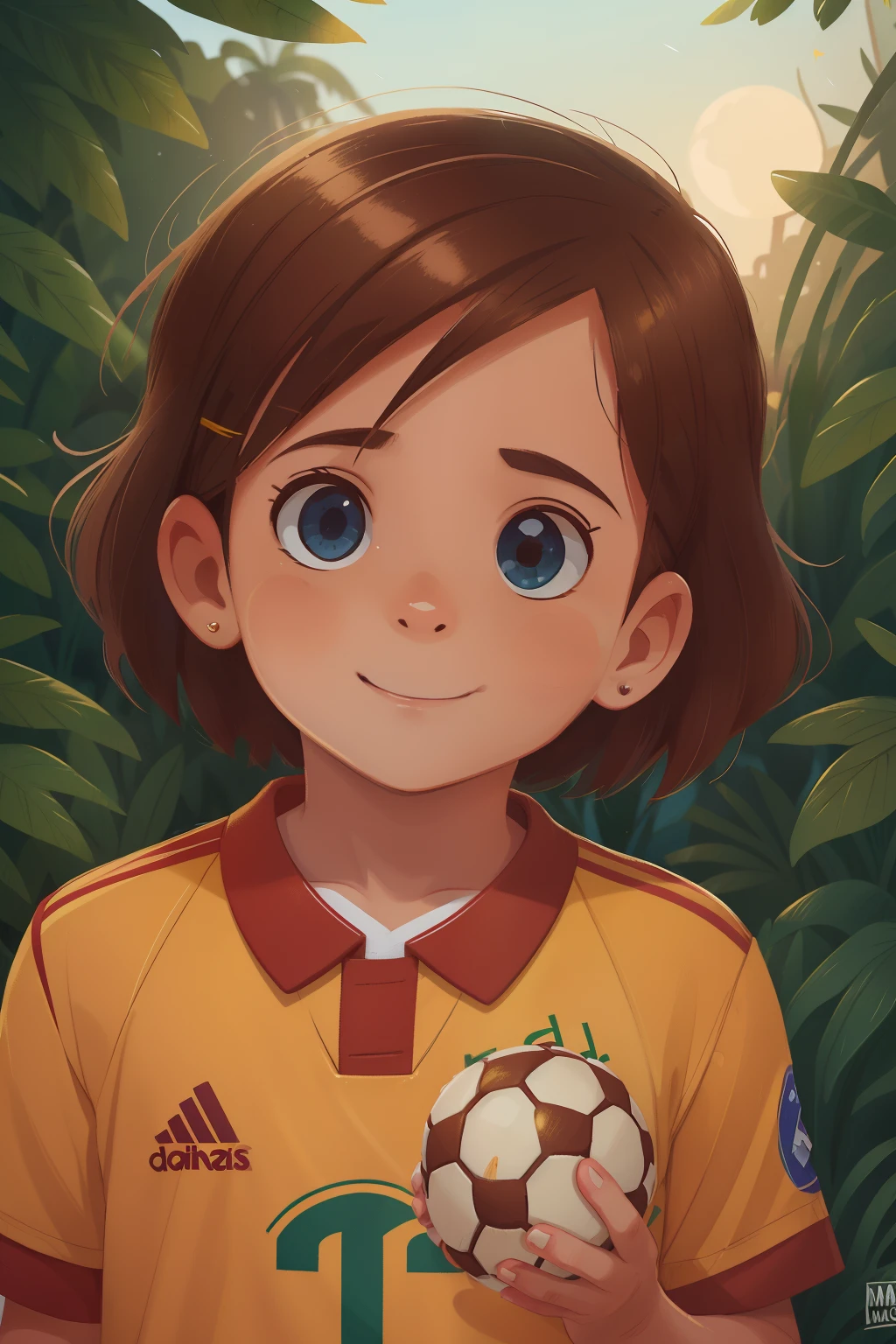 menino de 6 anos, cabelos curtos, cortados, cabelos pretos cortado e em cima cacheado, olhos marrons, Shirt of the Brazilian national soccer team, amarela, caminhando sozinho em uma bela paisagem montanhosa no por do sol, feliz, estilo disney chanel, imagem uhd, 8k, ultra.