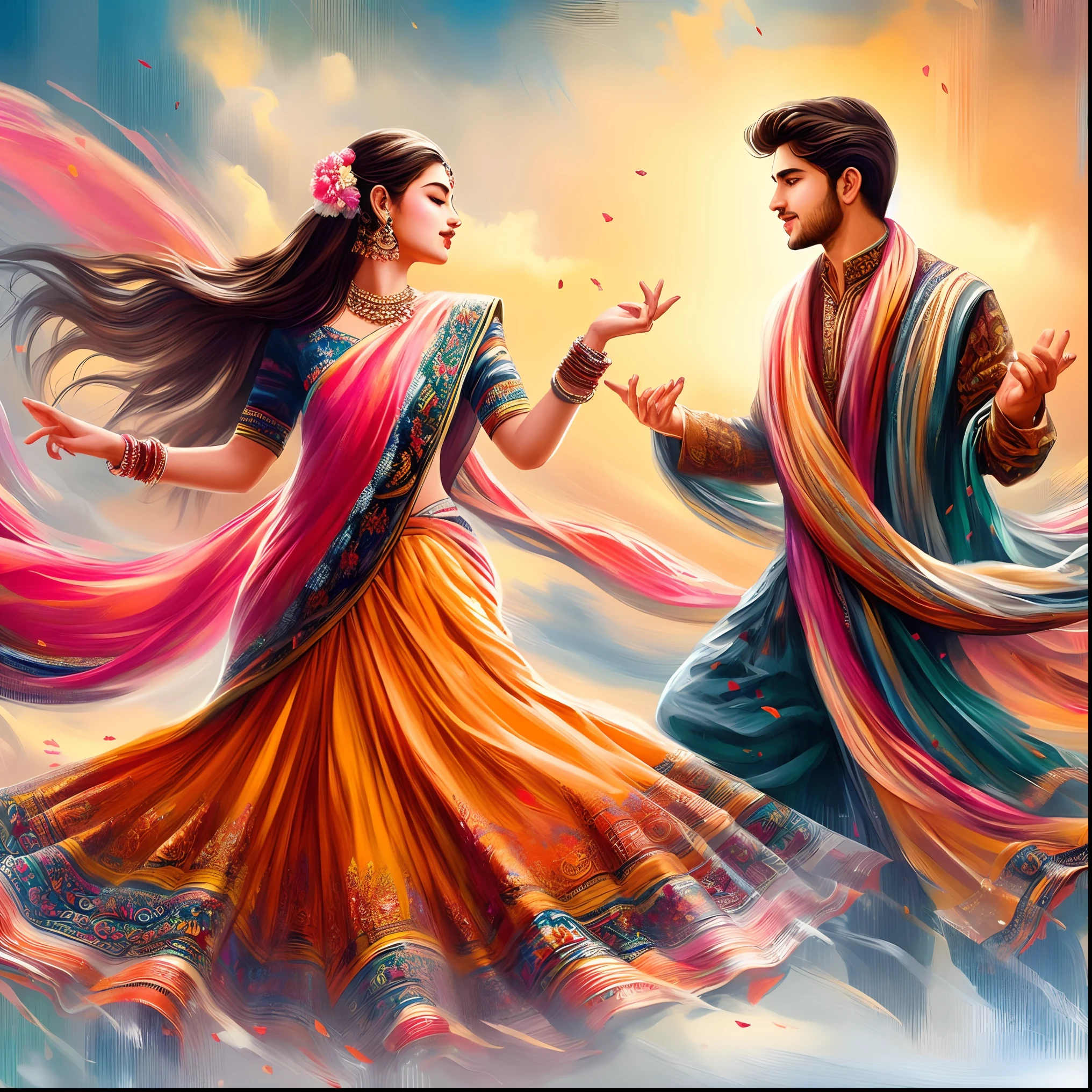 a painting of a couple dancing in a colorful dress, indian art, colorful hd picure, beautiful art uhd 4 k, background artwork, mobile wallpaper, beautiful digital artwork, dancing with each other, style in digital painting, detailed painting 4 k, beautiful avatar pictures, painting of beautiful, hd artwork, a beautiful artwork illustration, vibrant digital painting