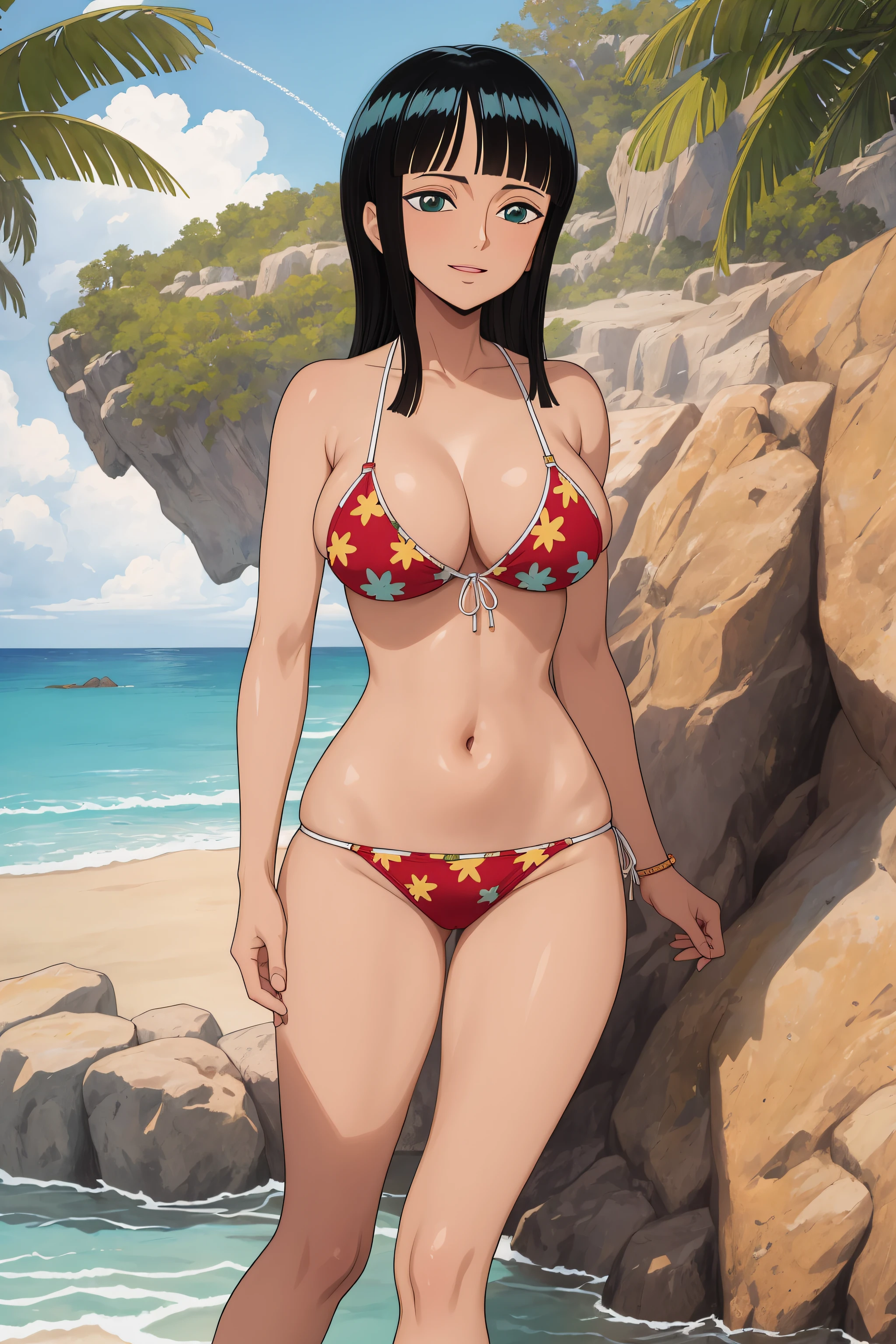 (Obra maestra),La mejor calidad,asombroso,Detalle fino.Profundidad de campo,hermosos ojos detallados, Nico Robin, 1girl,hembra madura,feliz,sonrisa ligera, bikini, barriga, breasts