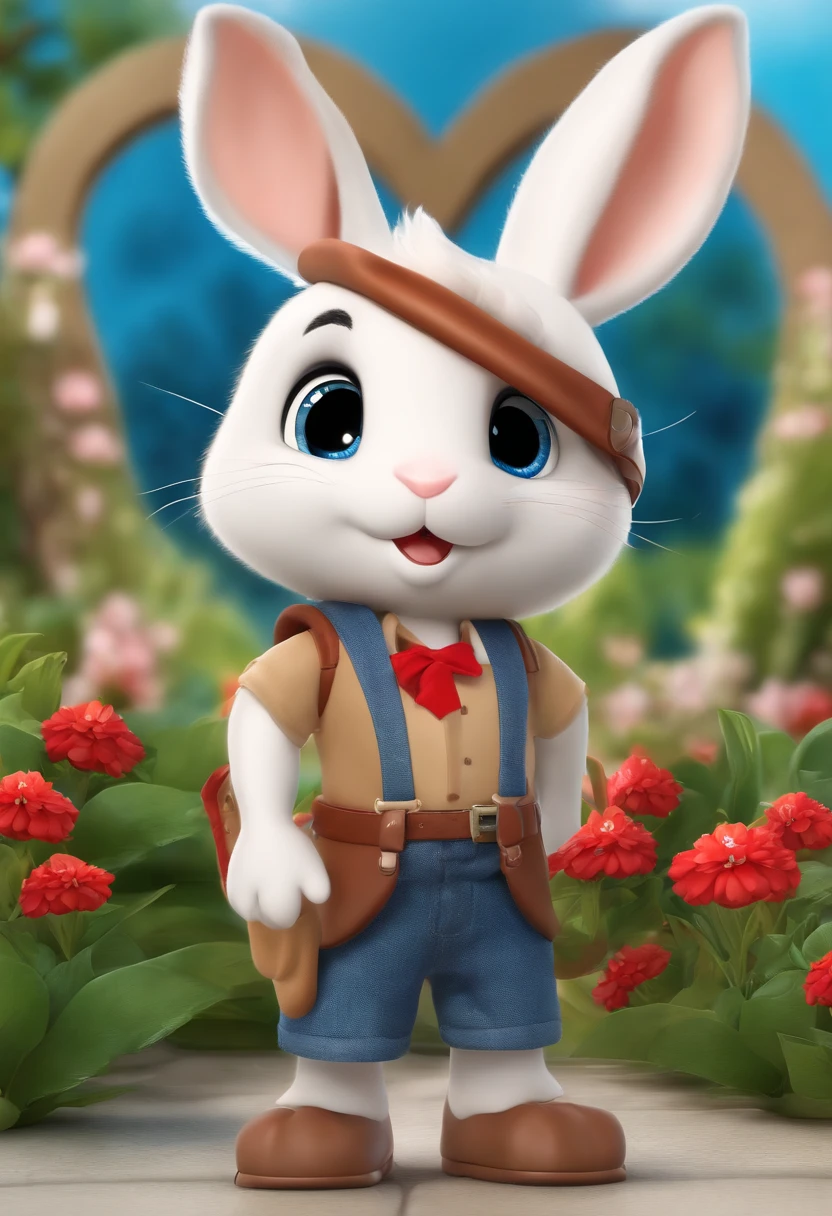 (((Personagem de desenho animado 1.3))),(((coelho super bonito))),A red flower on the head of a rabbit,Usa um colete manchado na parte superior,Denim shorts on the bottom,(((mobile phone in hand))),Standing Posture,Naughty Expression,HD Real,olhos negros,Figura voadora,Imagem HD,Sony SLR lente,Shoot at medium distance,soft lighting,