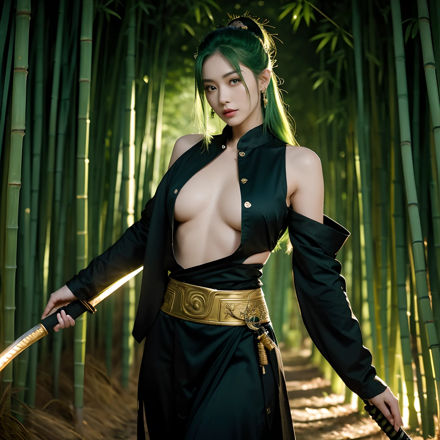 Green-haired woman Wearing gold earrings with scars on his right eye. Dressed in a ninjaja suit, with 3 samurai swords playing at the waist. Night Bamboo Forest. Night
