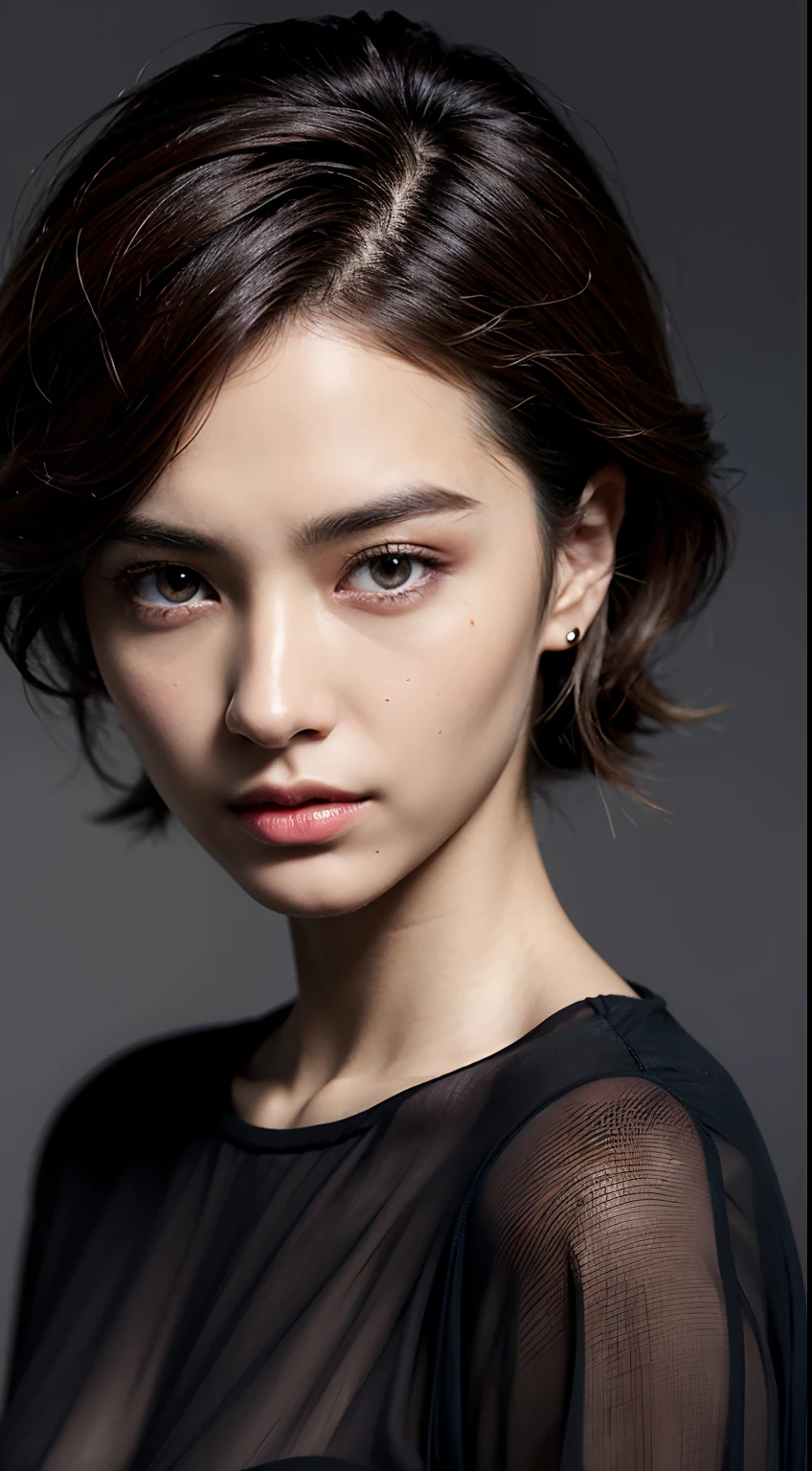 、(Photorealsitic:1.4)、(hyper realisitic:1.4)、(realisitic:1.3)、(Smooth lighting:1.05)、(Improved lighting quality in movies:0.9)、32K、1girl in、28-year-old girl、Realistic lighting、Back lighting、Facial light、raytrace、(brightened light:1.2)、(enhanced quality:1.4)、(Top quality real texture skins:1.4)、finely eye、finerly detailed face、Fine quality eye、(Tired, sleepy and satisfied:0.0)、 close up of face、Black Wool Shirt、(Enhances skin texture:1.1)、realistic skin textures,Perm Hair、Afro hair