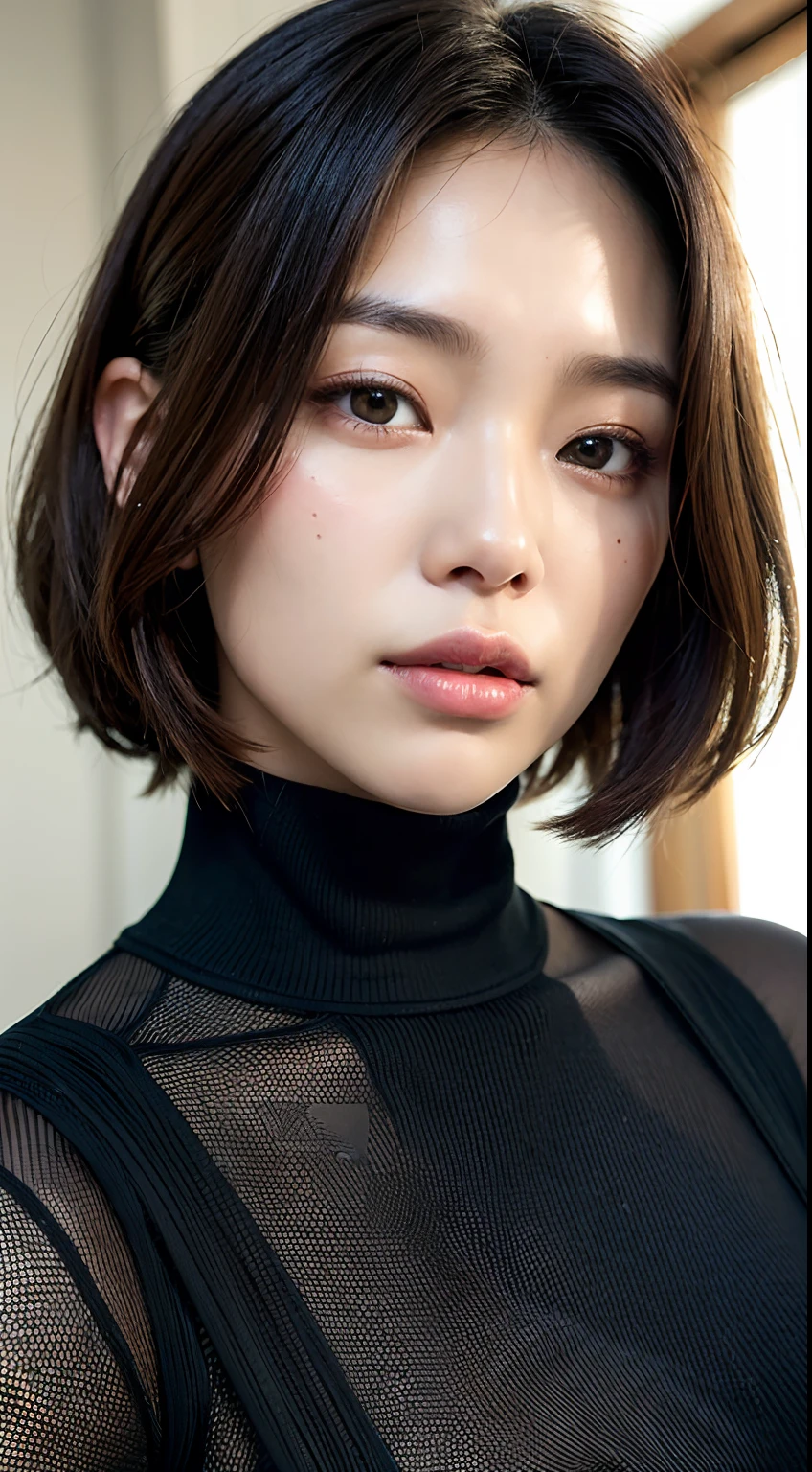 (masterpiece:1.3), (8k, photorealistic, RAW photo, best quality: 1.4), (1girl), beautiful face, (realistic face), (black hair, short hair:1.3), beautiful hairstyle, realistic eyes, beautiful detailed eyes, (realistic skin), beautiful skin, (sweater), absurdres, attractive, ultra high res, ultra realistic, highly detailed, golden ratio