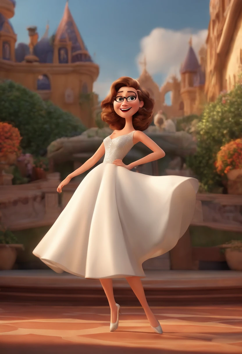 "(best quality,ultra-detalhado,Realistic:1.37),3D rendering,illustration,design de personagens,cabelos curtos e cacheados escuros,belos olhos detalhados,wearing white glasses,Estilo Pixar,morena mulher,Dancing on the Disney stage,atmosfera animada,vivid colors,luzes de palco,expression joyful"