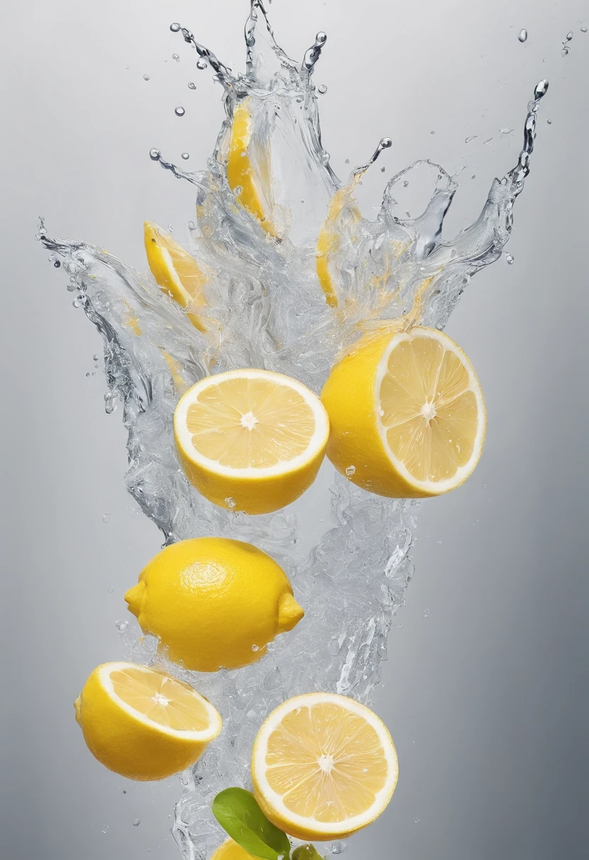 Cinematic RAW photo,ultra real photo,Ultra photo realsisim,Digital SLR,Soft lighting,Product photo of lemon slices falling into the water、drippy、Splash clear liquid、water bloom,dynamic compositions,(Master parts) (Best quality) (A detailed) (Cinematic lighting) (foco nítido) (复杂), Master parts, Best quality, 超高分辨率, 8K UHD