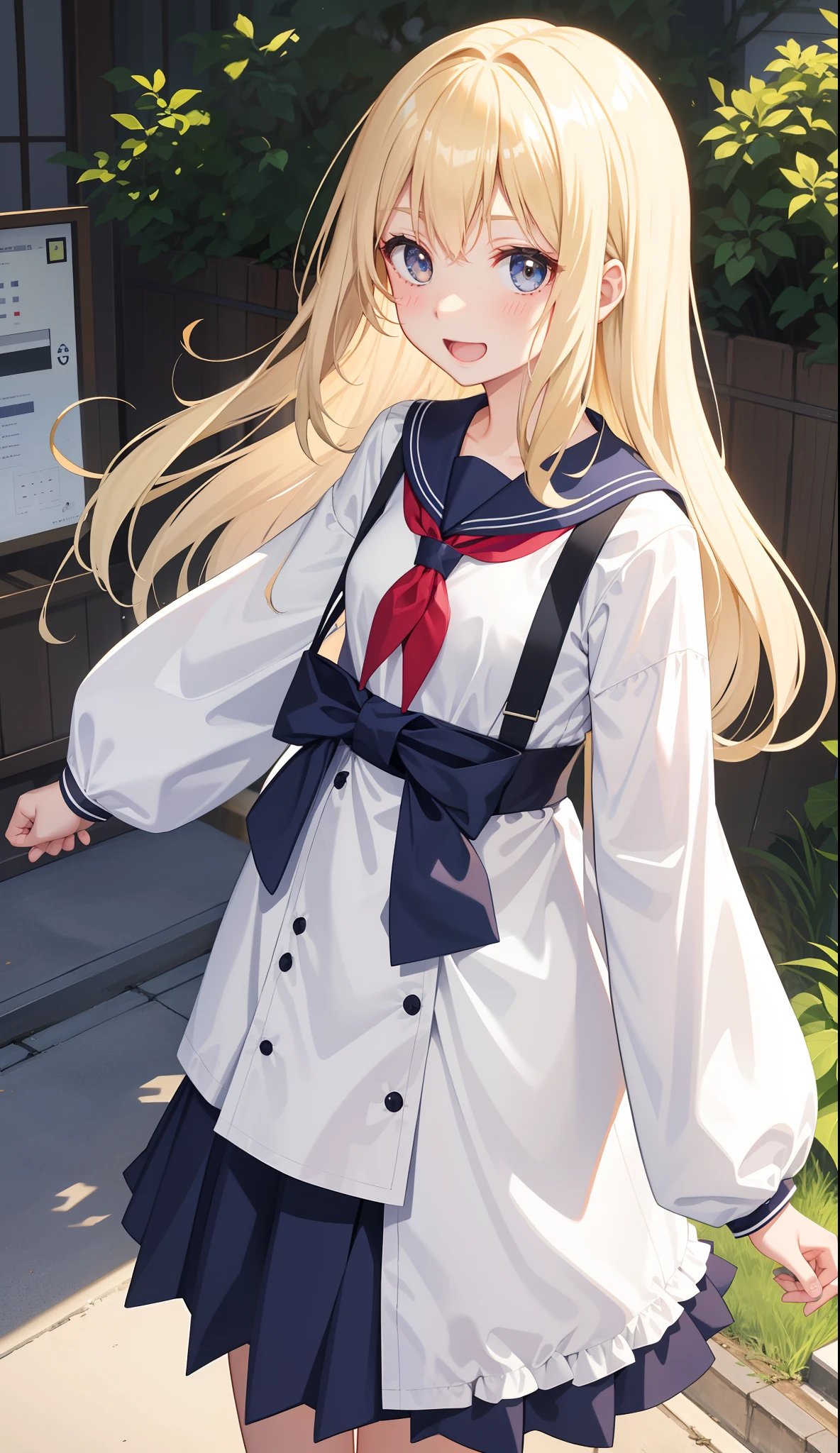 1girl in、AS-Adult、A smile、open open mouth、、be shy、The shirt、skirt by the、cream colored Hair、(small tits)Japan High School、校服、serafuku、Walking with a thigh、Upper body portrait、