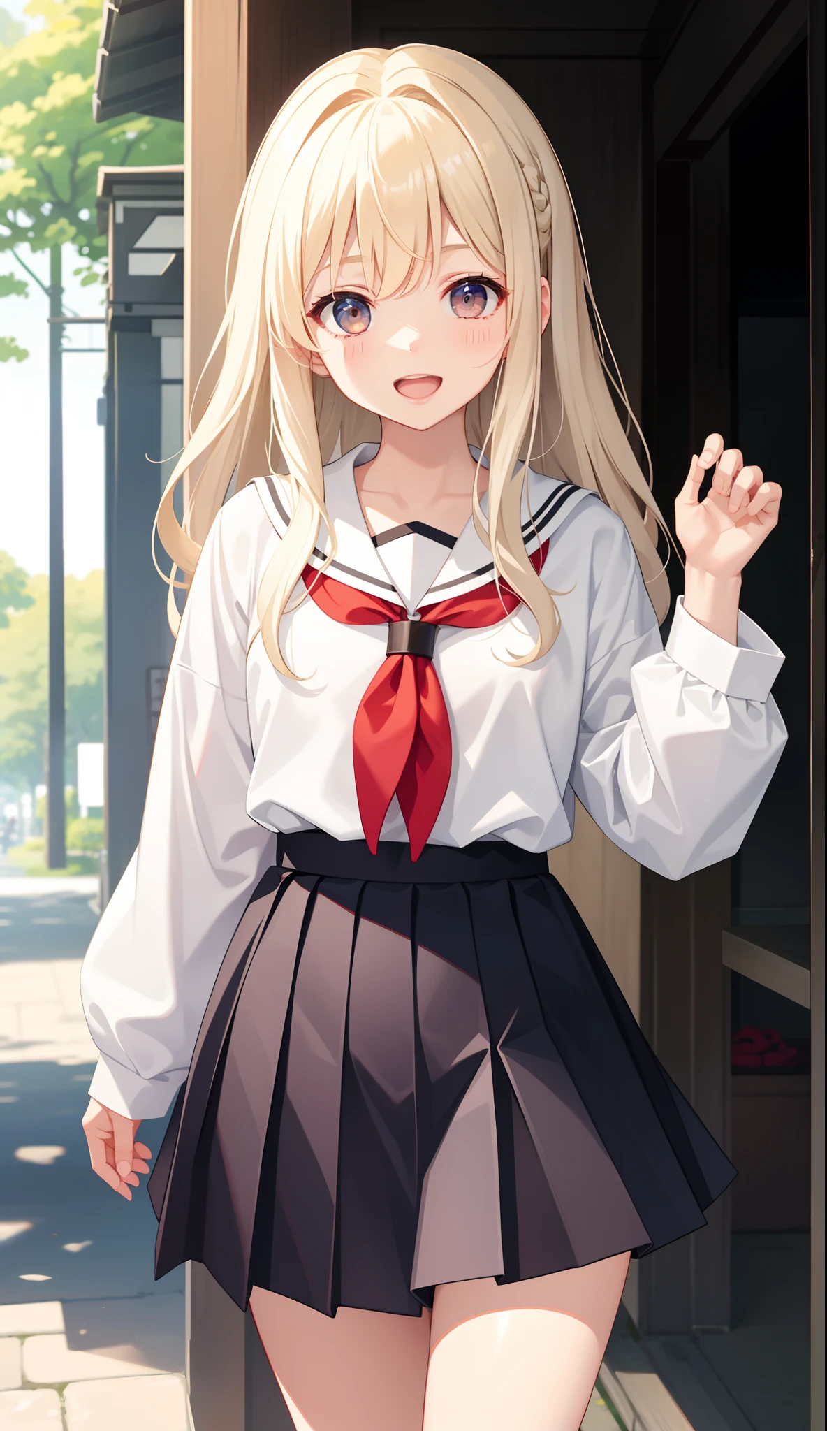 1girl in、AS-Adult、A smile、open open mouth、、be shy、The shirt、skirt by the、cream colored Hair、(small tits)Japan High School、校服、serafuku、Walking with a thigh、Upper body portrait、