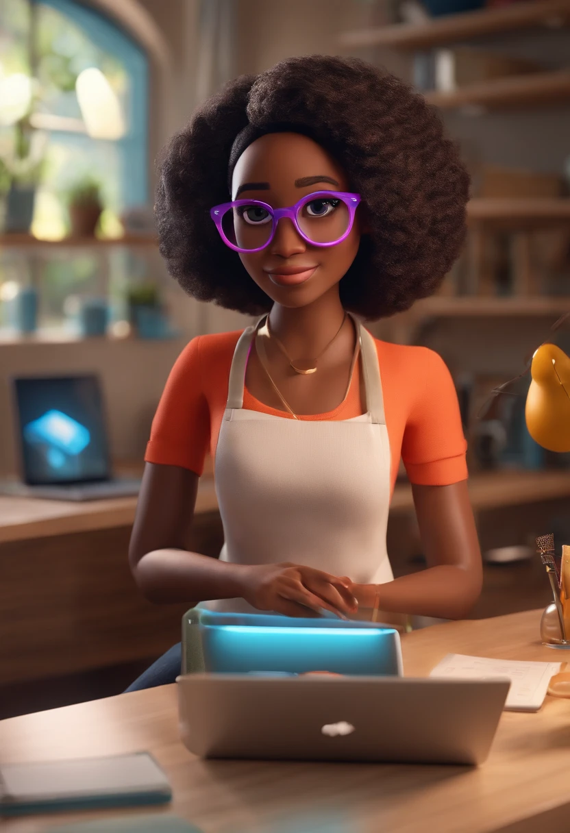 "Create a Pixar Poster Style Character in 3D in 4K , with the title: " LETÍCIA TECHNOLOGY" The Unstoppable. The setting is a work-from-home studio, com leds e luzes neon magenta e azul. The main character is a light-skinned black woman, Alegre, Animado, She's an entrepreneur, tem olhos castanhos, cabelo castanho cacheado enrolado abaixo do ombro, U.S. Ray-Ban Style Glasses. She's working with a laptop or computer in her hand"