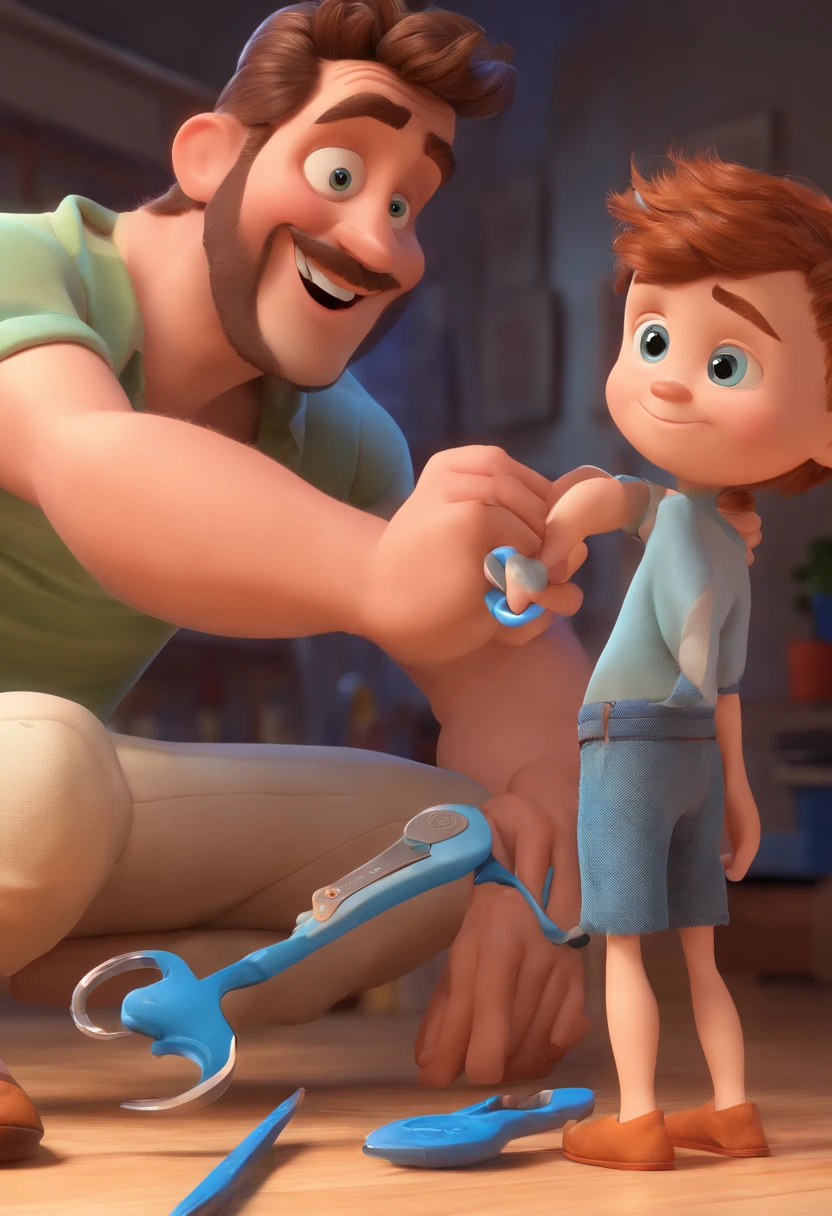 Estilo Pixar: The grown man is holding a naked blue-eyed boy and in his other hand he is holding a pair of scissors and is trying to cut off the boy's testicles,3D Poster,Disney