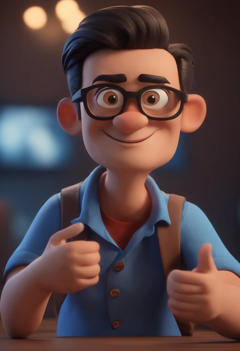 Cartoon character of a man wearing black glasses and a blue shirt, um personagem animado, Caractere estilizado, animation style rendering, 3D estilizado, Arnold Maya render, 3 d render stylized, toon render keyshot, Personagem 3D, Personagem 3D, 3d rendering stylized, 3 d character render, personagem de desenho animado, Personagem de close up, Pose de personagem, (Estilo Pixar) (master part:1.2) (Bokeh) (best quality) (pele detalhada) (textura detalhada) (8k) (argila) (Cinematic lighting) (foco nítido，Senta e vaza a parte superior do corpo