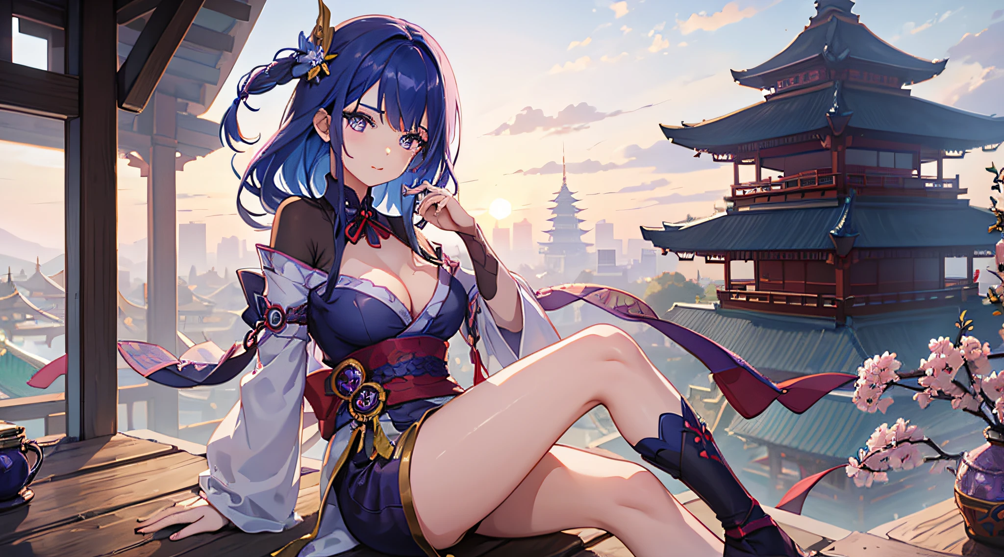 a girl, stylefull blue hair, purple eyes, sitting on pagoda roof, by sunrise, view over pagoda city, anime soft look
