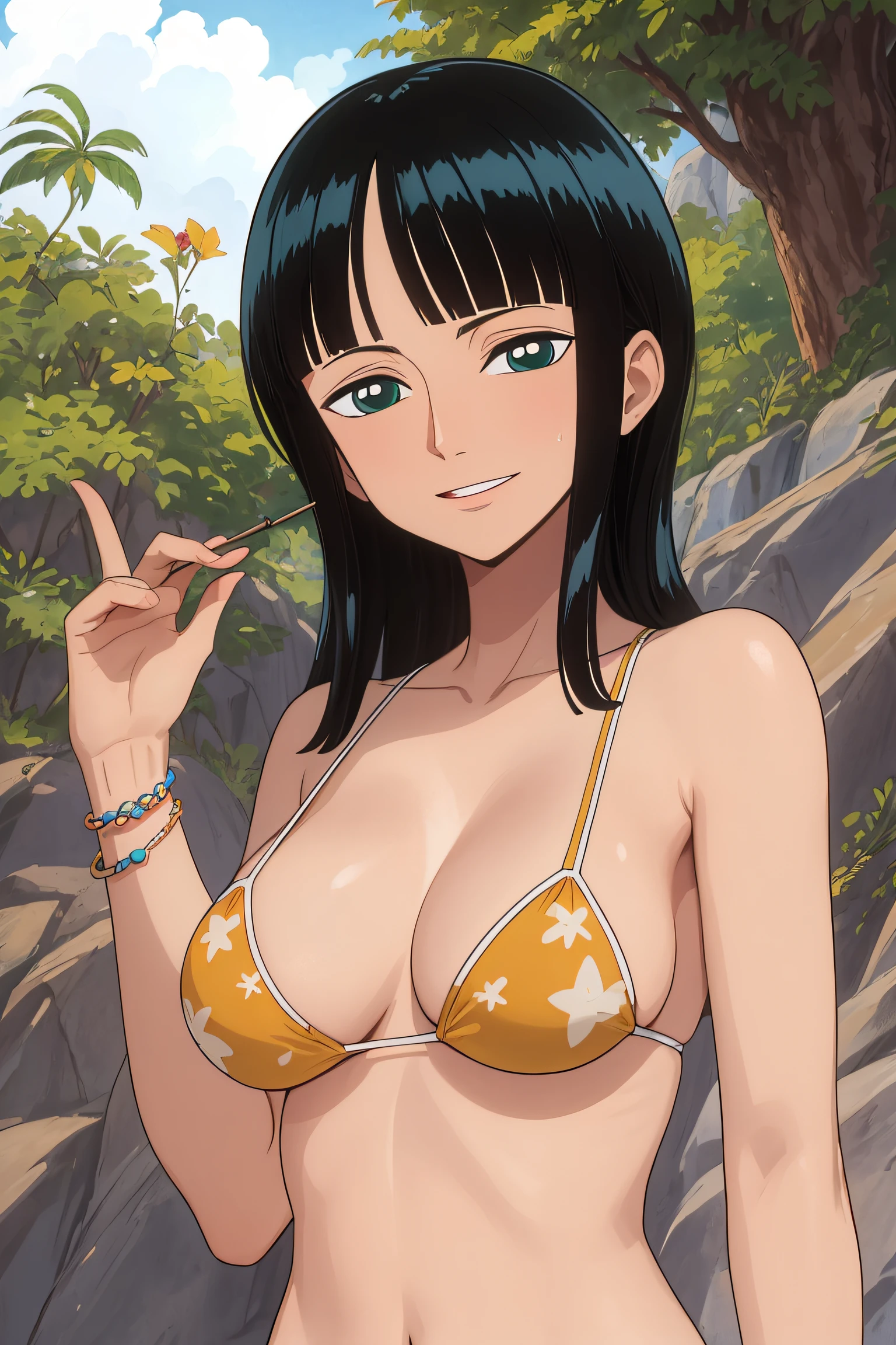 (Obra maestra),La mejor calidad,asombroso,Detalle fino.Profundidad de campo,hermosos ojos detallados, Nico Robin, 1girl,hembra madura,feliz,sonrisa ligera, bikini, barriga, breasts