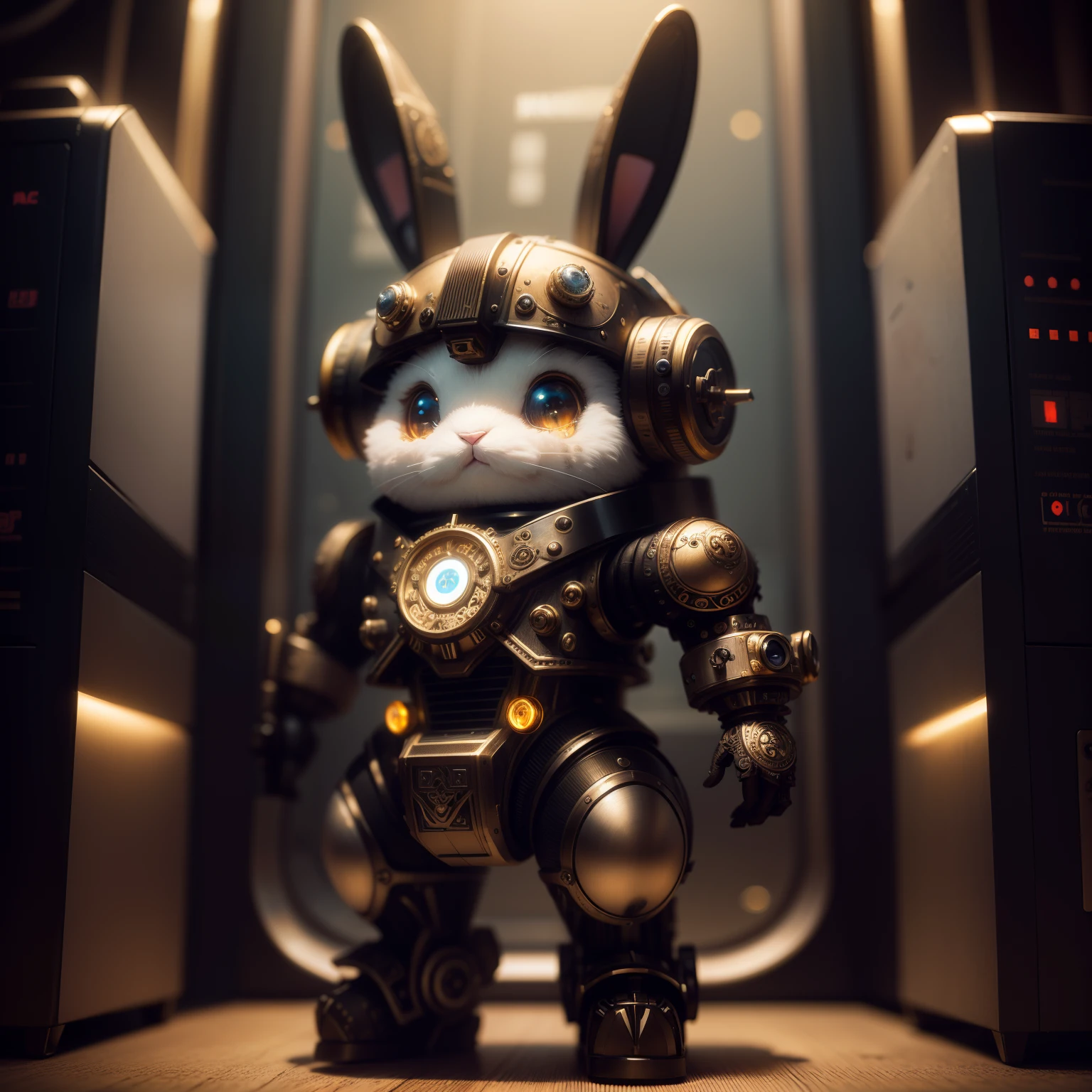 Cute fluffy bunny,Made of metal, Cyborg, Cyberpunk Style, Clockwork, ((Intricate details)), hdr, Big eyes, ((Intricate details, ultra - detailed)), Vacuum tubes or tubes, cinema shot, Vignette, Bokeh effect Baker ground