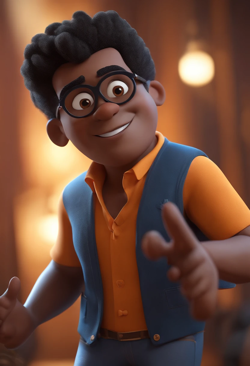 Cartoon character of a man wearing black glasses and a blue shirt, um personagem animado, Caractere estilizado, animation style rendering, 3D estilizado, Arnold Maya render, 3 d render stylized, toon render keyshot, Personagem 3D, Personagem 3D, 3d rendering stylized, 3 d character render, personagem de desenho animado, Personagem de close up, Pose de personagem, (Estilo Pixar) (master part:1.2) (Bokeh) (best quality) (pele detalhada) (textura detalhada) (8k) (argila) (Cinematic lighting) (foco nítido，Senta e vaza a parte superior do corpo