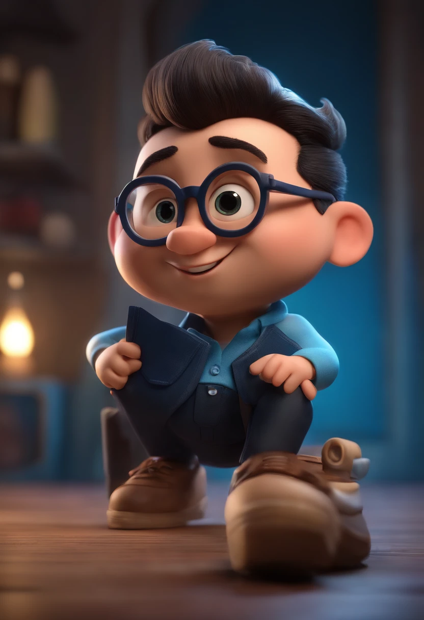 Cartoon character of a man wearing black glasses and a blue shirt, um personagem animado, Caractere estilizado, animation style rendering, 3D estilizado, Arnold Maya render, 3 d render stylized, toon render keyshot, Personagem 3D, Personagem 3D, 3d rendering stylized, 3 d character render, personagem de desenho animado, Personagem de close up, Pose de personagem, (Estilo Pixar) (master part:1.2) (Bokeh) (best quality) (pele detalhada) (textura detalhada) (8k) (argila) (Cinematic lighting) (foco nítido,Senta e vaza a parte superior do corpo