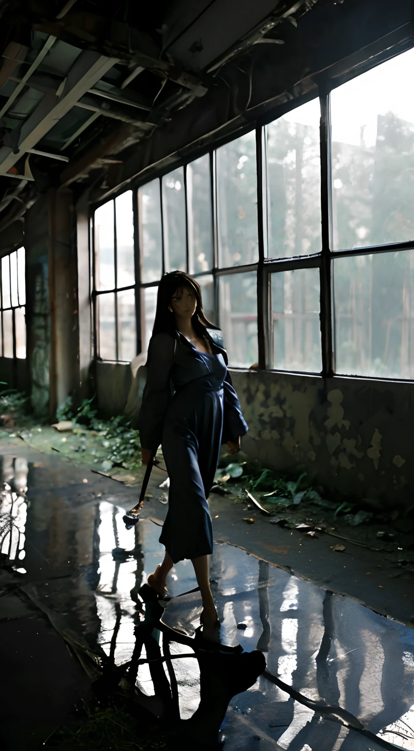 Live-action high-level image quality It looks like it was taken with a camera Top image quality realisitic portlate japanes 10 generations large full breasts modeled well-styled uneasy Scared Beautiful girl walking in the danger zone of an abandoned city。She stomped her feet under the remnants of rusty buildings and eerie lighting.、Looking forward with determination。The surrounding area is overgrown with dilapidated buildings and remnants of vegetation.、Dark shadows shape an eerie landscape。Clothing is worn in protective clothing,、Dust and scars cover the surface。Her hair is stained with dry dirt and dust,、Reflection of light in dim environments。His face was full of courage and determination.、I'm ready to never go back..。"