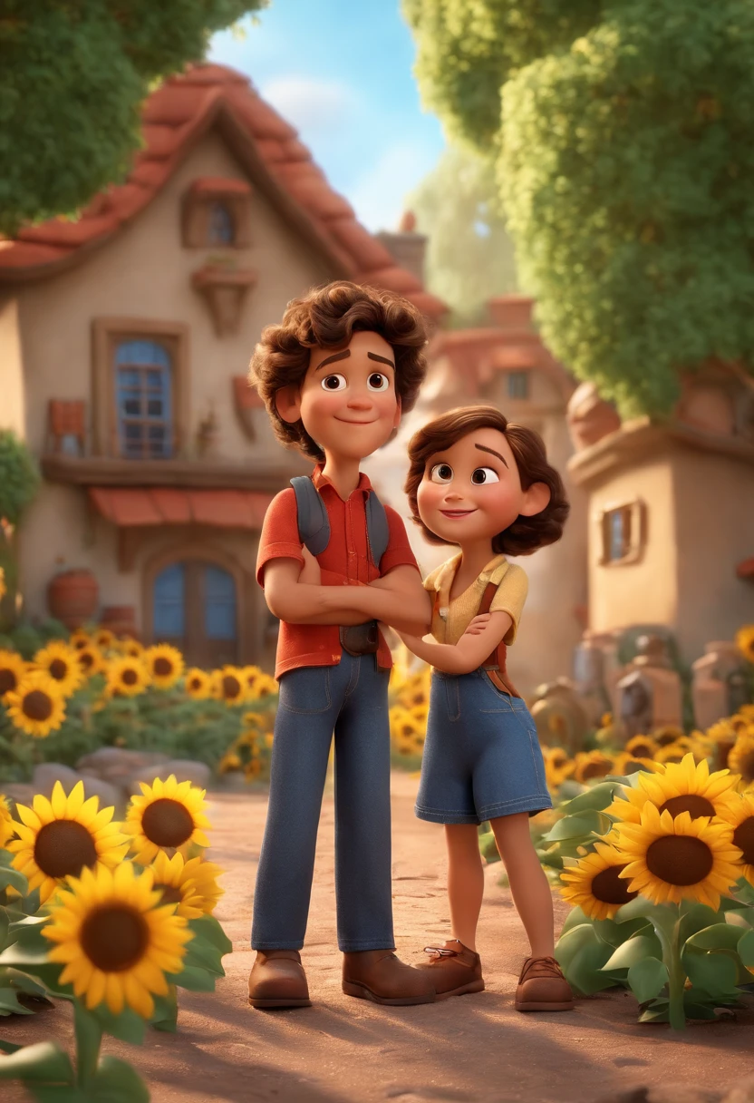 Create a Disney PIXAR-style 3D poster. ((centro da imagem)), ((2 children)) ((2 s, They're hugging each other, um meninoele castanha e cabelos castanhos escuros e olhos castanhos escuros, outro menino tem para, olhos castanhos e cabelos claro e liso)) ((tudo isso no estilo Disney PIXAR 3D, In the background, A house of sunflowers, Gloria Studio, The garden is full of nature 3D render RTX clay material, estilo de design cartunesco, POP Mart, soft lighting, linhas suaves, Spring tilt, Detailed illustrations of PIXAR 3D, Detalhes hiper-realistas, cor quente no estilo Disney PIXAR 3D))
