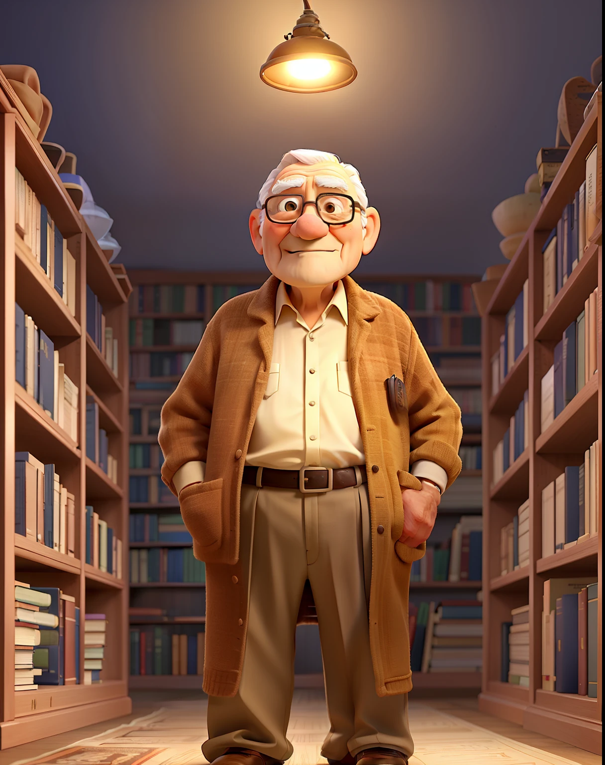 A wise old man standing in front, illuminated by the light of a lamp, against the backdrop of a library