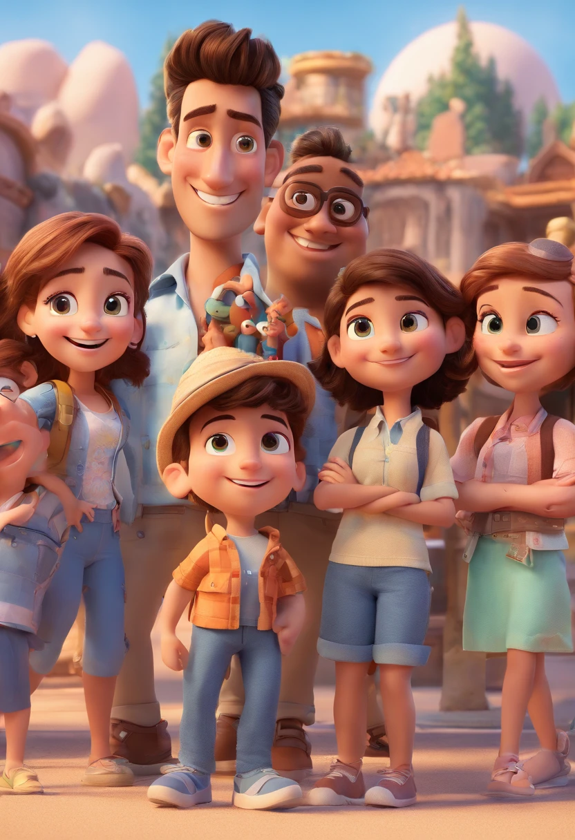 Cartoon of friends having fun on vacation together, 3D Animation Movie Poster, Poster de filme animado, pixar 3 d animation style, pixar renderman rendering, maia 8 mil, animated film, Disney Pixar Estilo 3D, amigos felizes saem juntos, all wearing light blue shirts and cream brown long pants, camisa azul clara, cream brown pants, ao ar livre, vacation, Disney Pixar Animation Poster