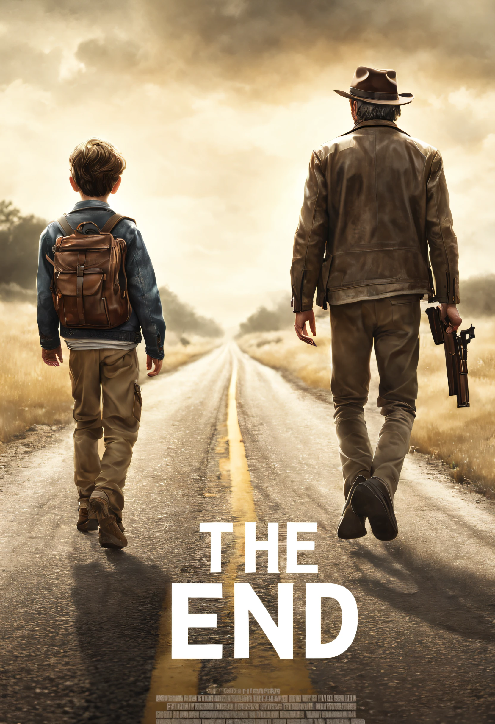 (best quality, 4k, 8k, high resolution, masterpiece: 1.2), ultra detailed, (realistic, photorealistic, photorealistic: 1.37),Image of a poster for a thriller film directed by Steven Spielberg. The poster shows a man and a boy alone on a lonely road. The man and boy are back to back and have a large gun strapped to their shoulders. The cinematic lighting is spectacular. At the bottom of the poster you can see the word “the end” in white letters.