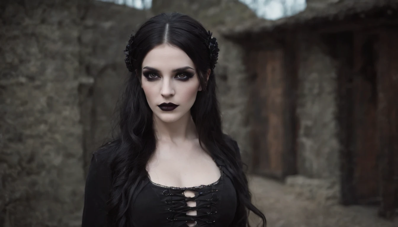 goth girl, Pale-skinned girl, Pelo largo negro con flequillo, cintura delgada, muslos gruesos, piernas tonificadas, biceped, en sujetador , minifalda negra, Goth makeup, delineador rojo, en una discoteca