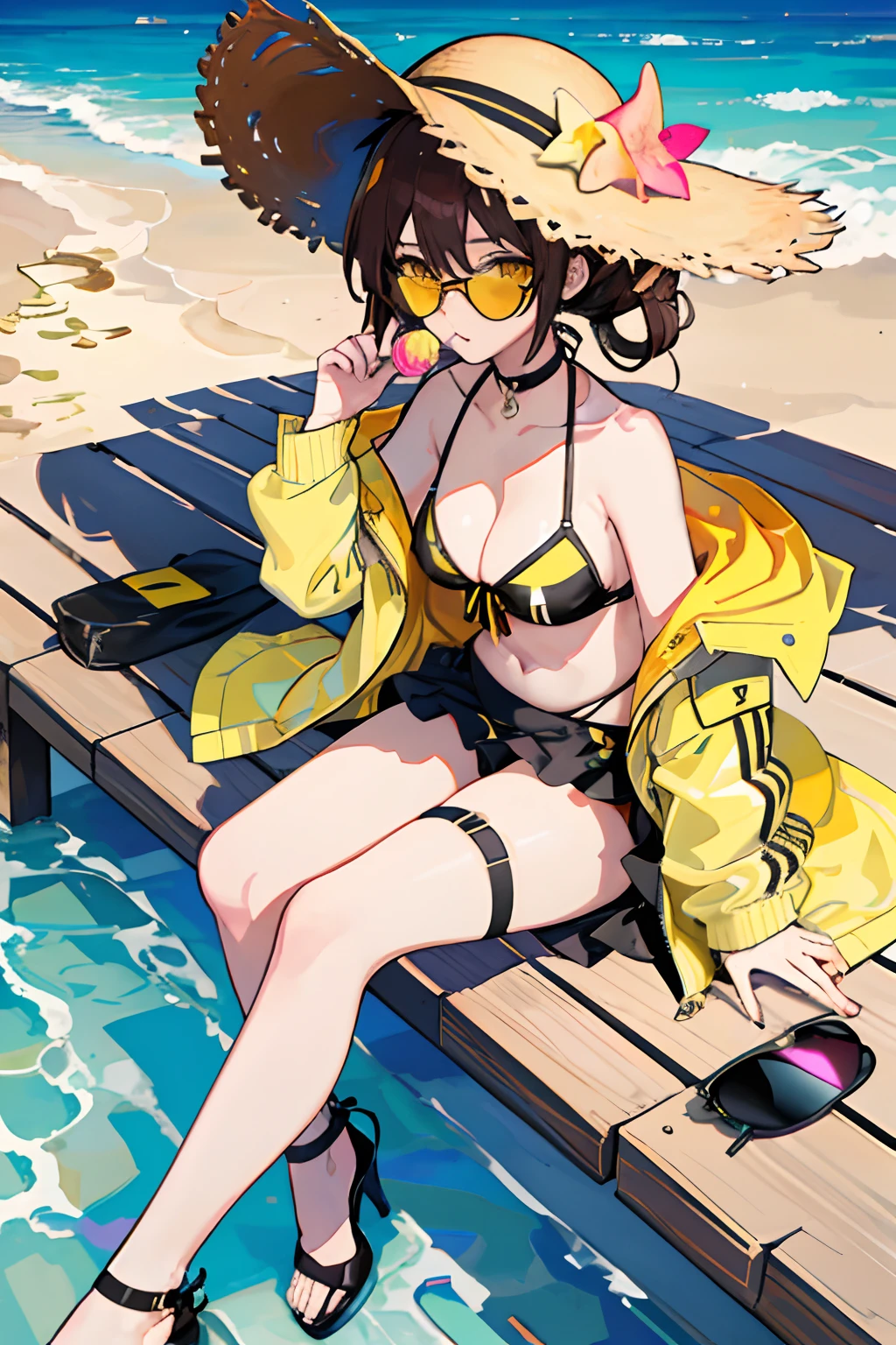 anime girl, brown hair, hair bun, yellow eyes, black bikini, choker, beach, large breasts, straw hat, taking off jacket, high heels, eating a lollipop, beach, sitting down, top down perspective, sunglasses, up close