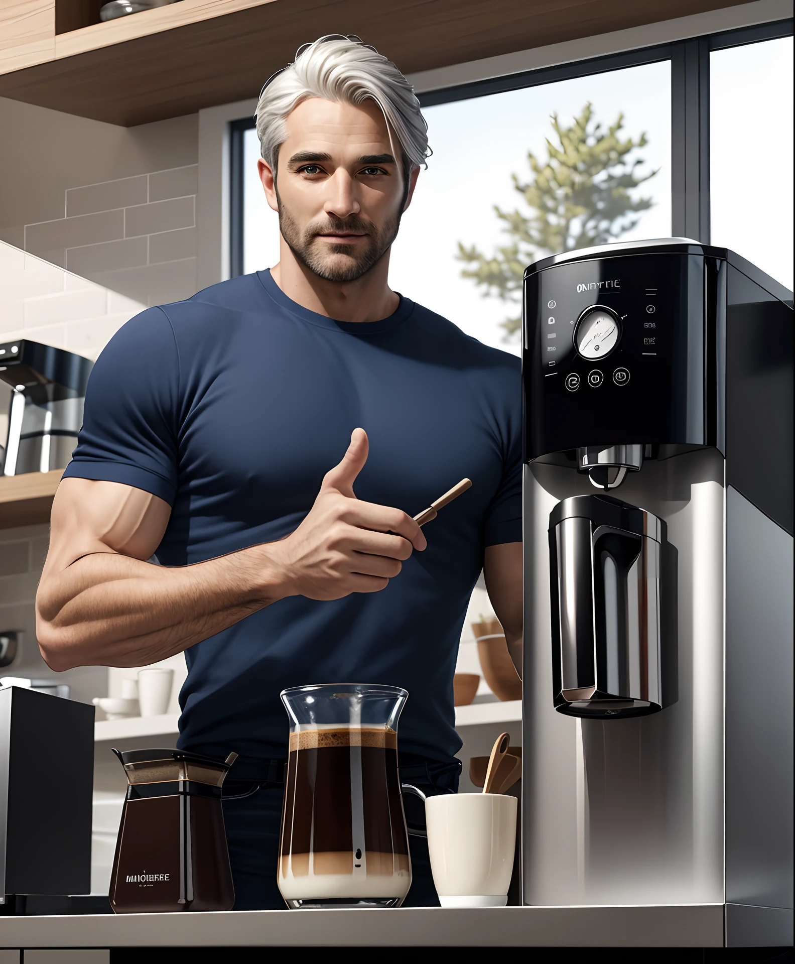 realistic, (best quality, masterpiece:1.3), finely detailed eyes and detailed face, coffee machine, kitchen, solo mature male, tall muscular guy, silver hair, blue eyes, silver facial hair,