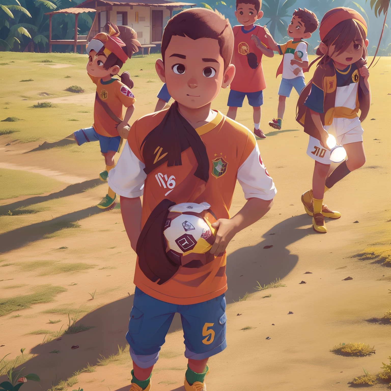 menino de 6 anos, cabelos curtos, cortados, marrons, olhos marrons, Shirt of the Brazilian national soccer team, amarela, caminhando sozinho em uma bela paisagem montanhosa no por do sol, feliz, estilo disney chanel, imagem uhd, 8k, ultra.