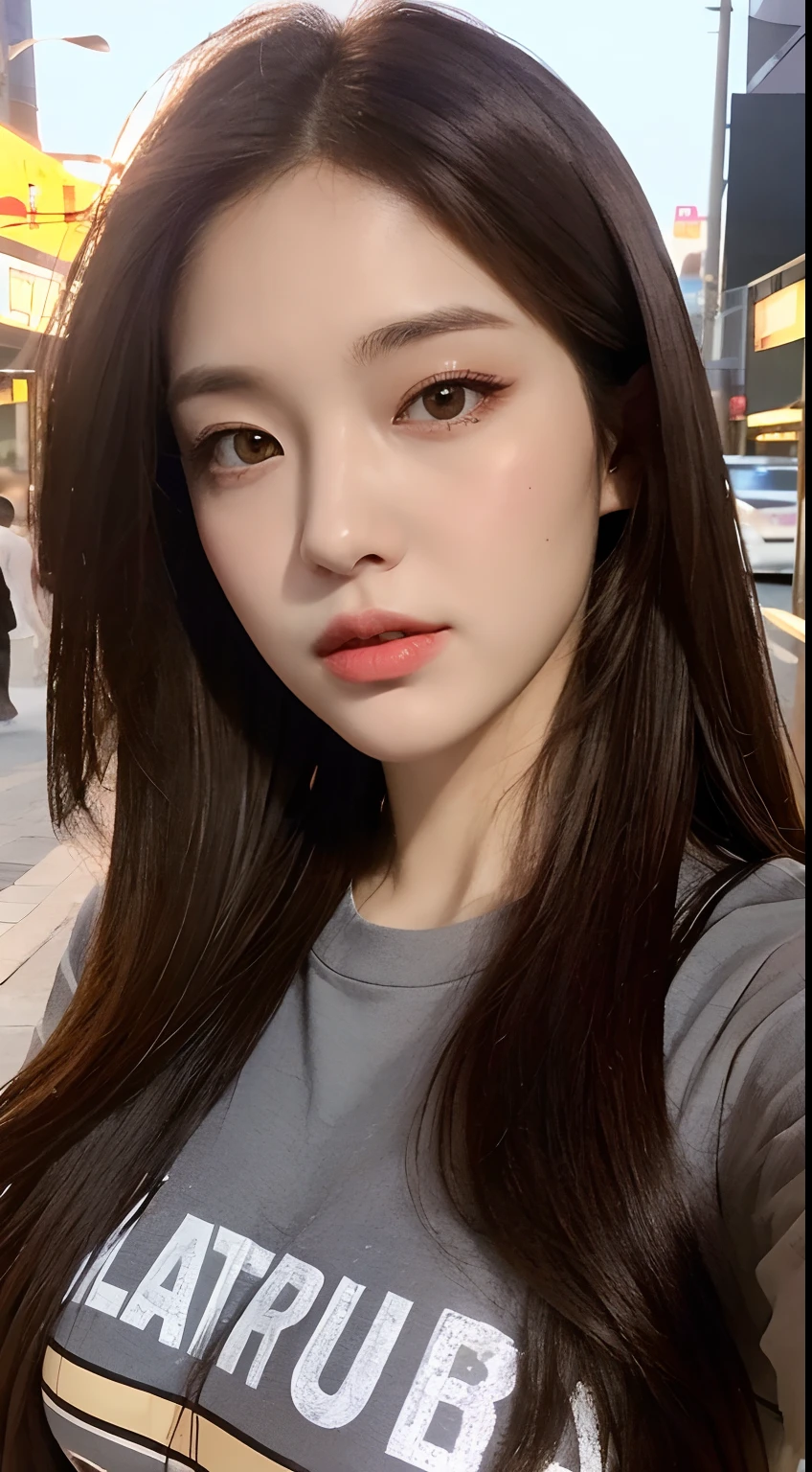 (Best quality, High resolution, Masterpiece :1.3), A pretty woman, Slender figure, Dark brown hair, T-shirt, (Street in city at night), Highly detailed face and skin texture, Detailed eyes, Double eyelid
