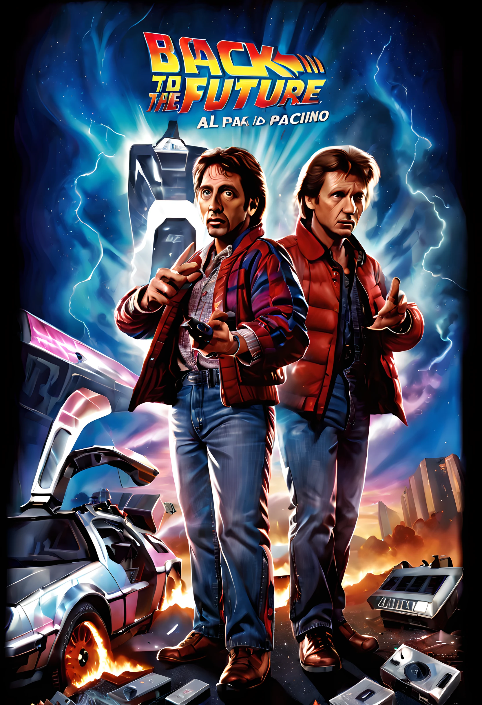 (The movie poster of back to the future:1.5), (movie poster style illustration:1.5), (movie title:1.5), (logo:1.5), (sproncer's logo:1.5), (texe:1.5), ((text:2)), (title:1.5), (Movie of Al Pacino and ロバートデニーロ:1.5), (starring Al Pacino and ロバートデニーロ:1.5),