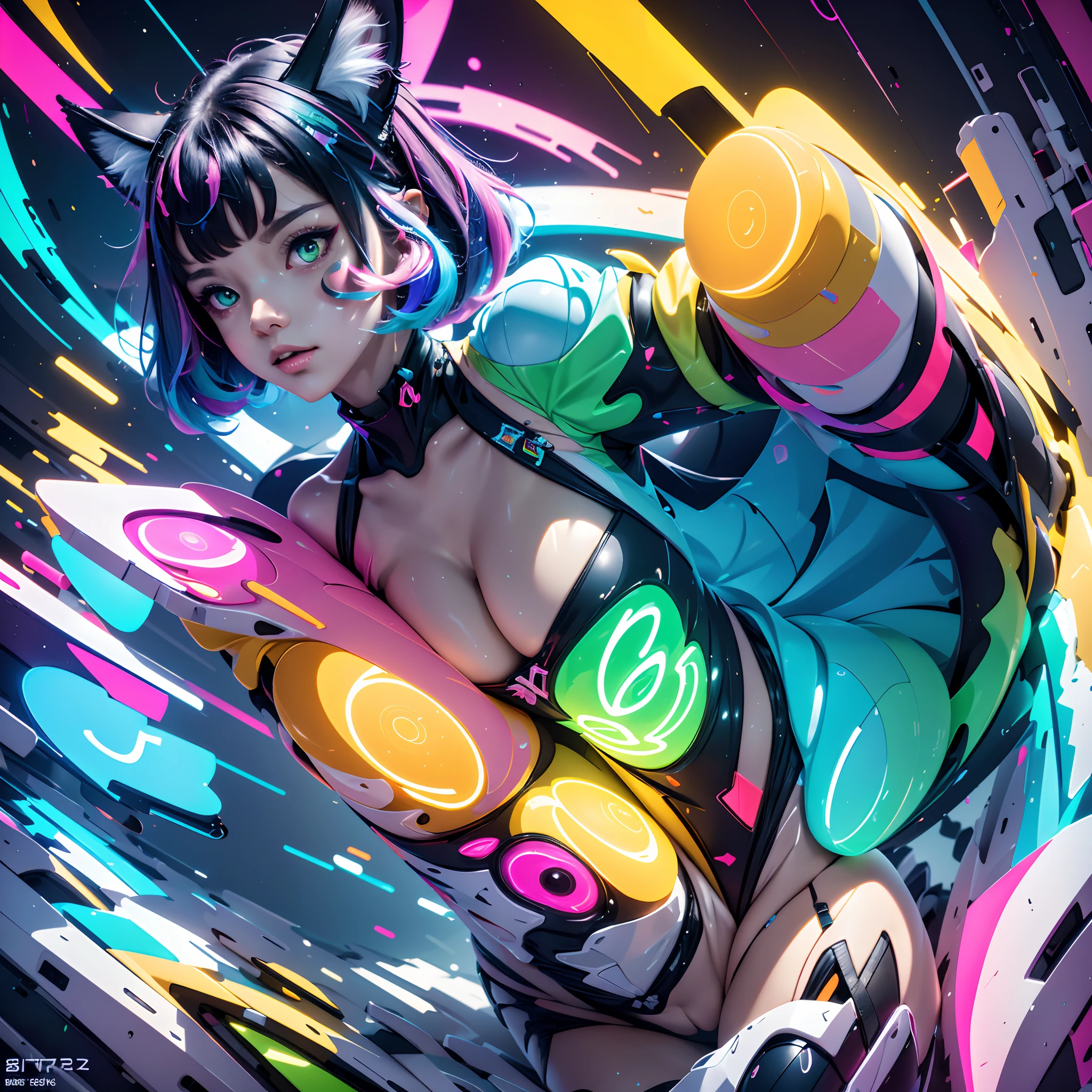 ▼ Cat-eared girl colorful々Abstract painting of shapes, Colorful biomorph, Neon Color Mixed Media Painting, Colorful generative art, Abstract neon shapes, Very abstract, Strange summary, Colorful composition, abstract shapes, ( ( generated ) ), Glitch Pattern, abstract colours, Synthetic cubism, Neon Geometry, Vivid Color.digital 2d, Holographic(retro:1.3)