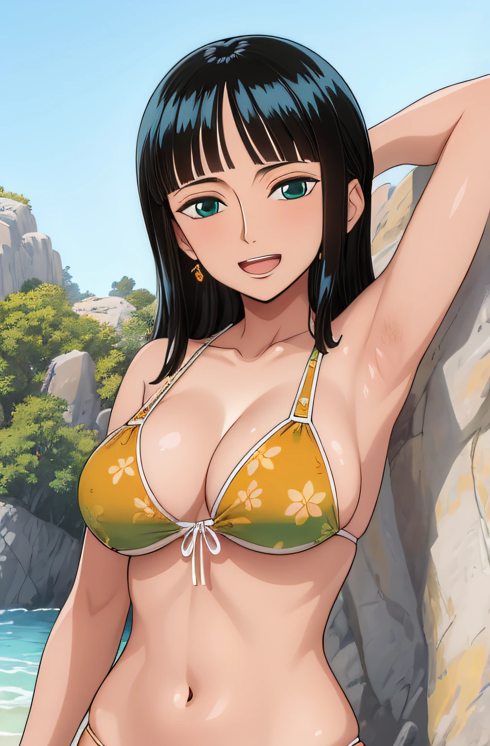 (Obra maestra),La mejor calidad,asombroso,Detalle fino.Profundidad de campo,hermosos ojos detallados, Nico Robin, 1girl,hembra madura,feliz,sonrisa ligera, bikini, barriga, breasts, armpits
