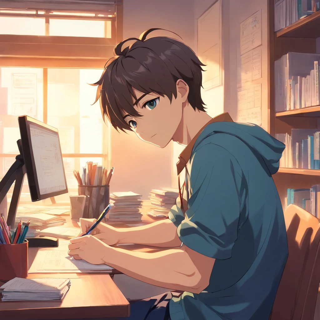 A handsome male college student studying at a desk