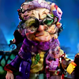 masterpiece, best quality, an old woman with glasses and a scarf on, wearing a purple coat and green scarf, standing at the park