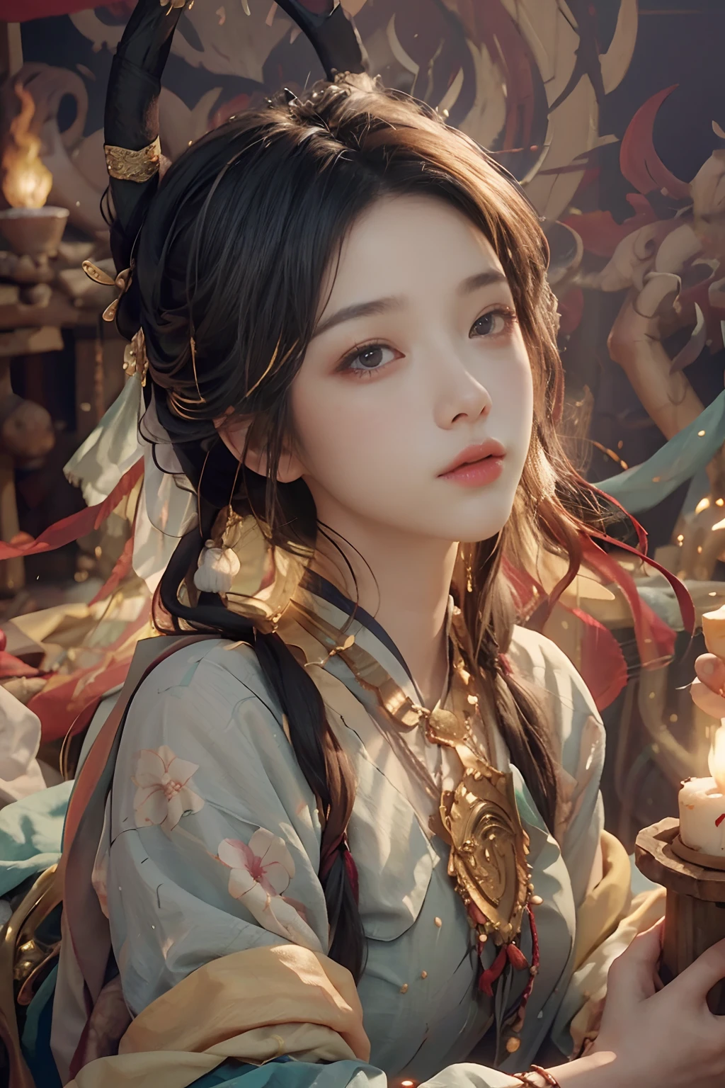 (RAW photo, best quality), (realistic, photo-realistic:1.3), best quality, highly detailed, masterpiece, ultra-detailed, illustration, 1girl, upper_body, dynamic angle, world mastery theater, messy_long_hair,best quality, extremely detailed CG unity 8k壁纸，ink，astounding，电影灯光，lens_flare，dunhuang_style，full bodyesbian，bamboo forrest