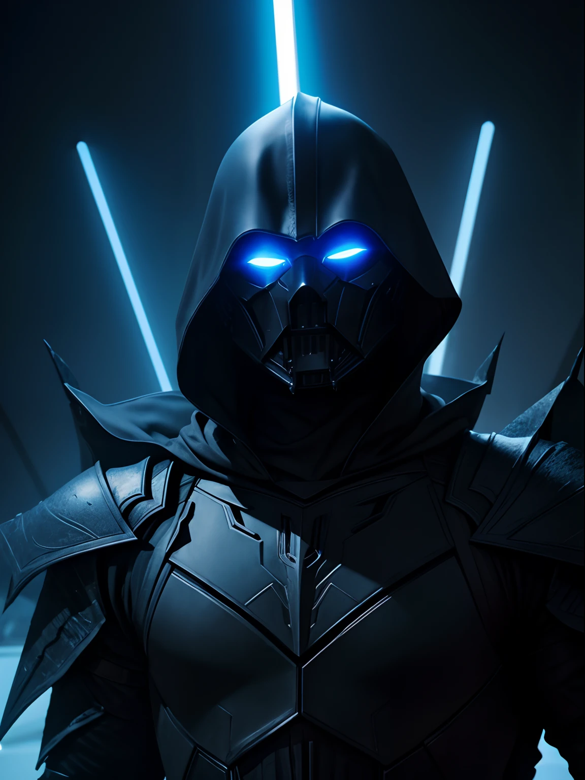 dark sith lord, high tech, synth wave, thorny black armor, 16:9 ratio, wide angle lense, male figure, glowing blue eyes