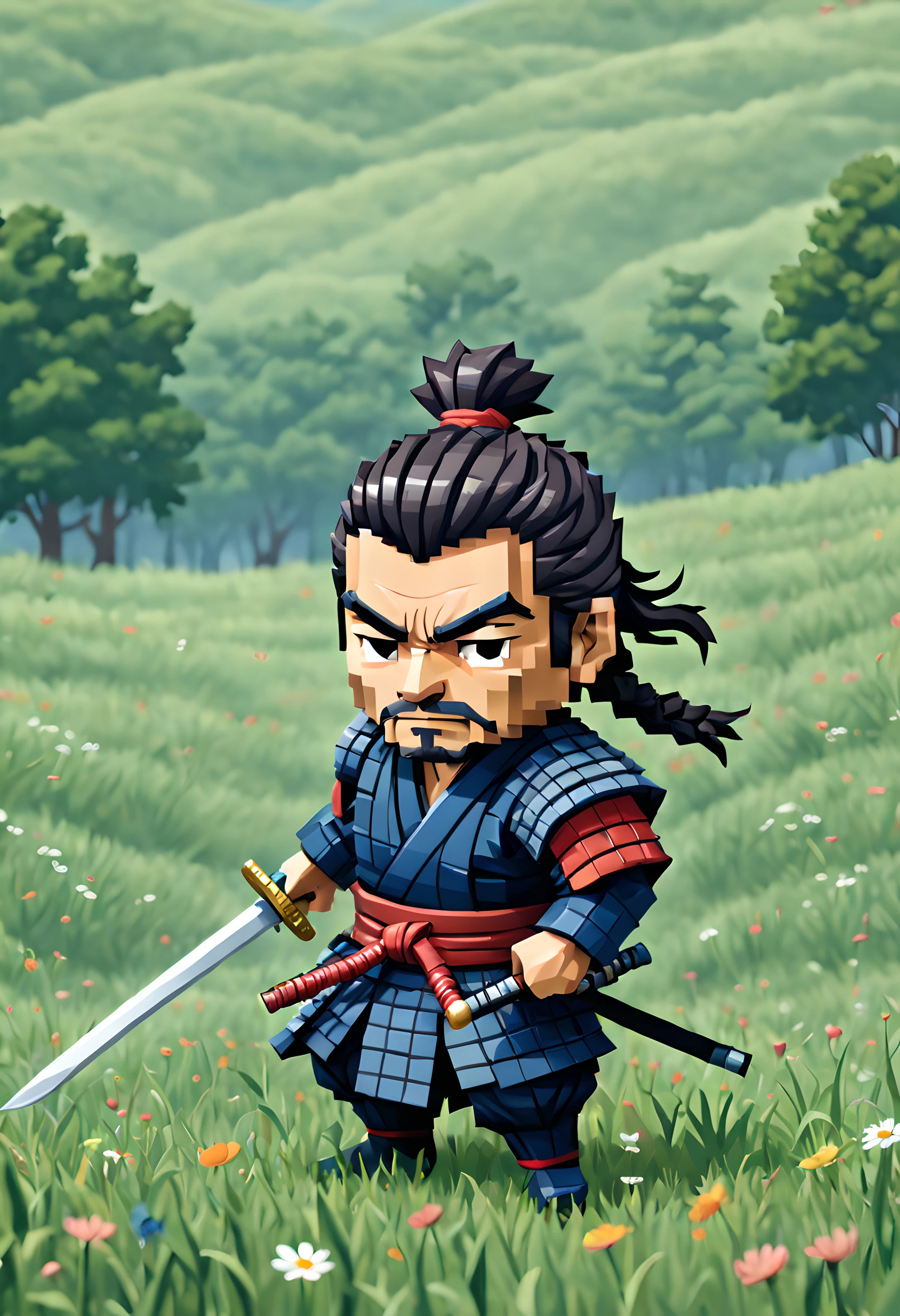 (Pixel art:1.5), (chibi character:1.5), (chibi emote:1.5), (Pixel art theme:1.5), (samurai:1.5), (Toshiro Mifune:1.5), (ancient Japanese:1.5), (Sekigahara:1.5), wind, (Standing in a meadow where the wind is blowing:1.5), (Before the Decisive Battle:1.5), (Holding a sword:1.5),