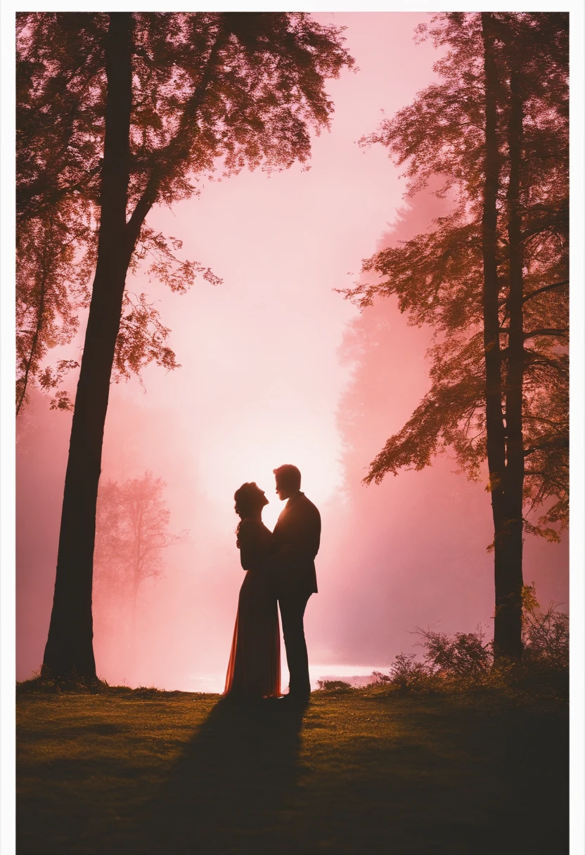 Crie um poster estilo puxar, there is a man and woman standing next to each other, Lovely couple, against the backdrop of trees, imagem de perfil, foto do perfil, vacation photo, Casal feliz, foto colorida, they are in love, with a pink ipê on the back.