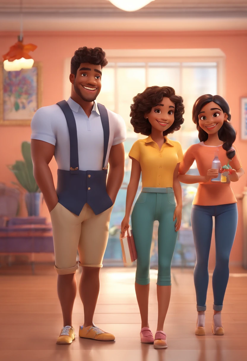An illustration of a couple with their adorable little daughter, Highlight for a strong mulatto man smiling and a brunette woman with beautiful expressive eyes and her brunette daughter with short and curly hair of the same skin color and smiling- the man's skin is mulatto and the man's hair haswhile the woman's skin is black and the woman's hair is straight and black. They are a bright room, cada um com um sorriso no rosto, e compartilhar um momento especial caracterizado pelo amor, Insights. Illustrate this scene from a perspective where they are facing the camera, Smiling and Showing Your Connection. Desenvolva esta arte em Full HD, Focus on your cinematic touch, Estilo Disney Pixar Animations