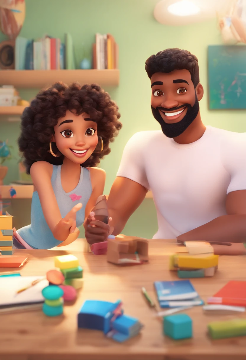 An illustration of a couple with their adorable little daughter, Highlight for a strong mulatto man smiling and a brunette woman with beautiful expressive eyes and her brunette daughter with short and curly hair of the same skin color and smiling- the man's skin is mulatto and the man's hair haswhile the woman's skin is black and the woman's hair is straight and black. They are a bright room, cada um com um sorriso no rosto, e compartilhar um momento especial caracterizado pelo amor, Insights. Illustrate this scene from a perspective where they are facing the camera, Smiling and Showing Your Connection. Desenvolva esta arte em Full HD, Focus on your cinematic touch, Estilo Disney Pixar Animations